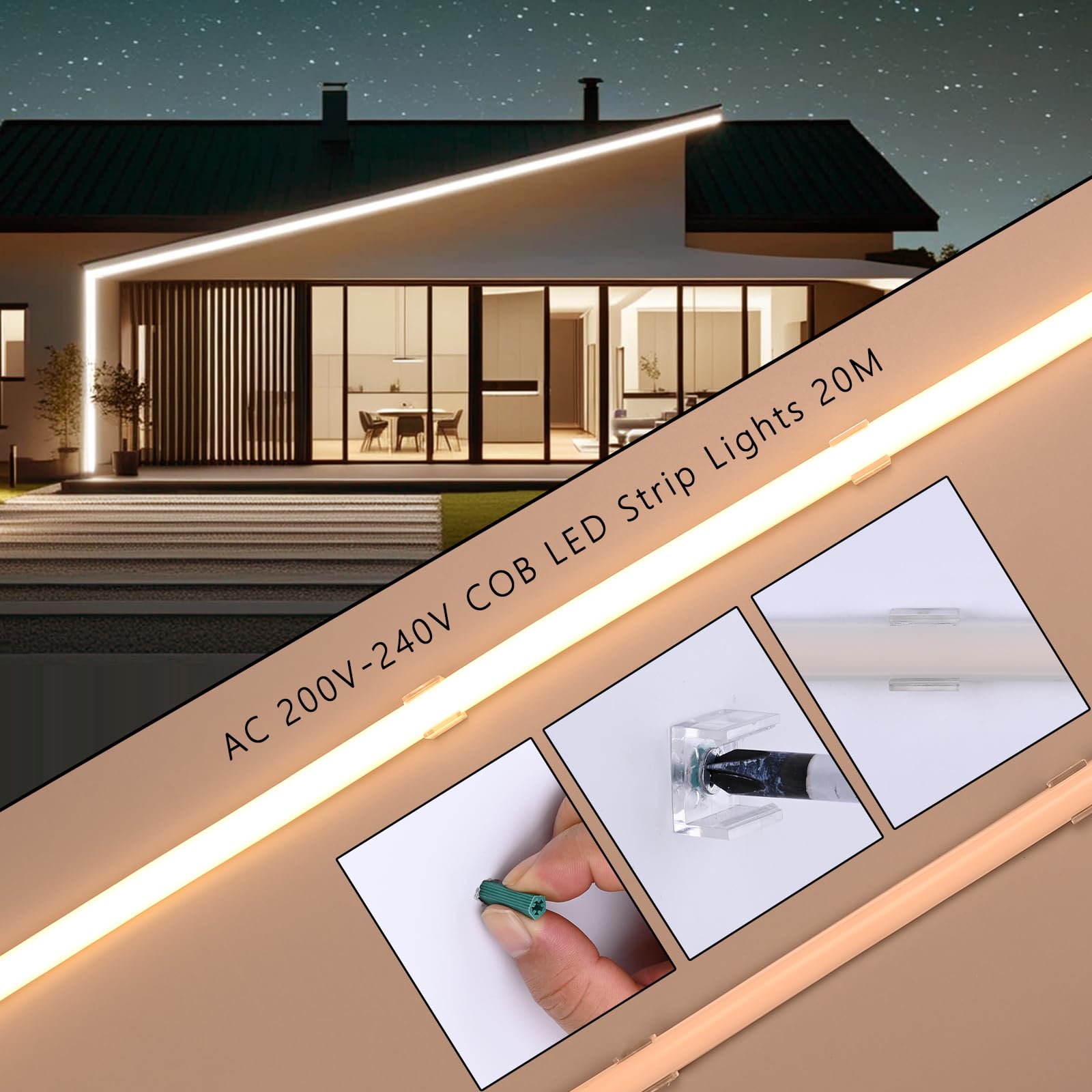 BENLUN Tira LED COB 220V Exterior Impermeable 20 Metros, 3000K Blanco Cálido Luces de LED 10W/M CRI 90+ Flexible Luz LED sin Transformador para Habitacion Techo, Decoración, Patio