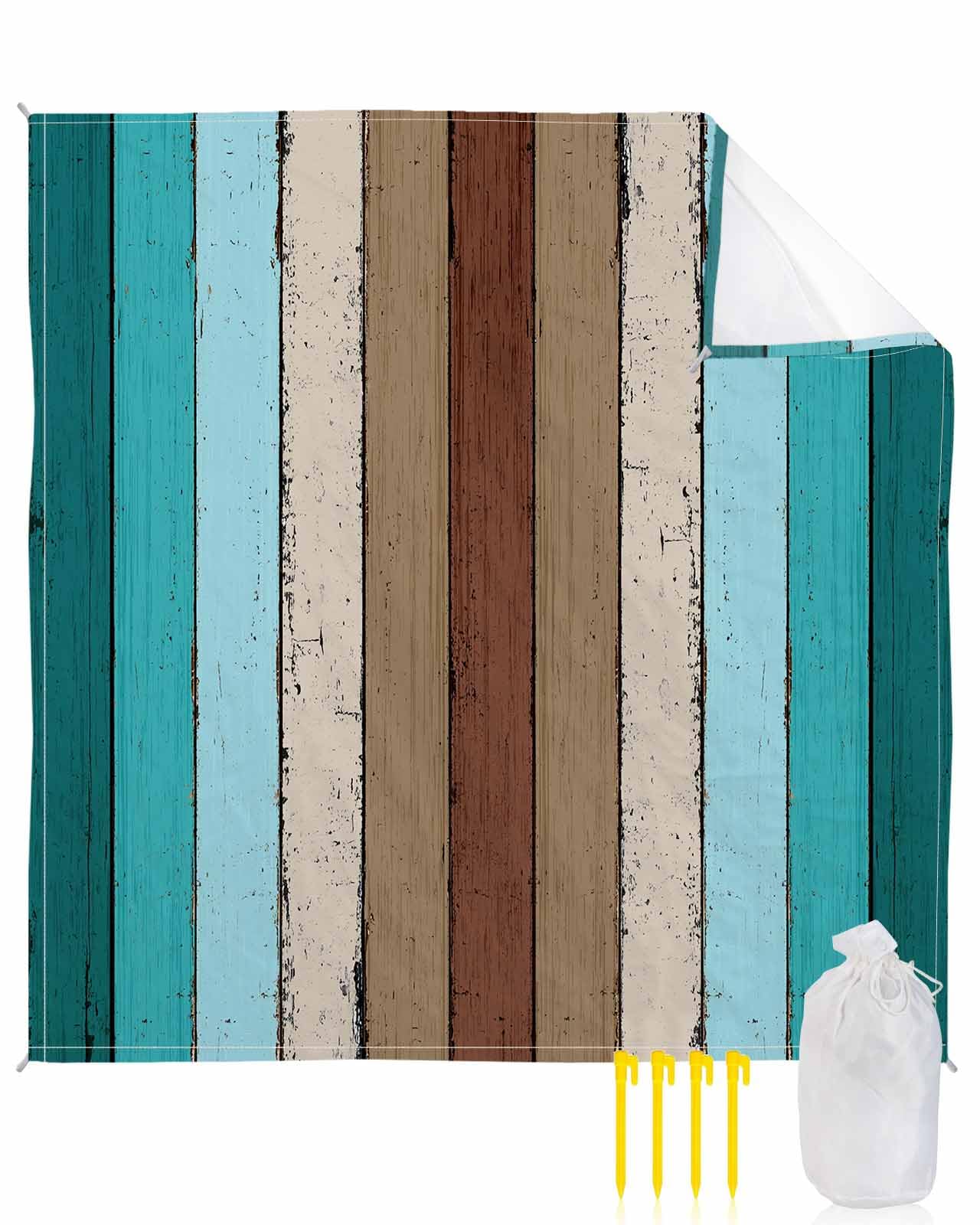 Aqua Teal Beach Blanket Large with Stakes Waterproof Sandproof,Farmhouse Wood Grain Vintage Brown Striped Foldable Beach Mat with Corner Pockets for Outdoor Travel Camping Hiking Picnic 95