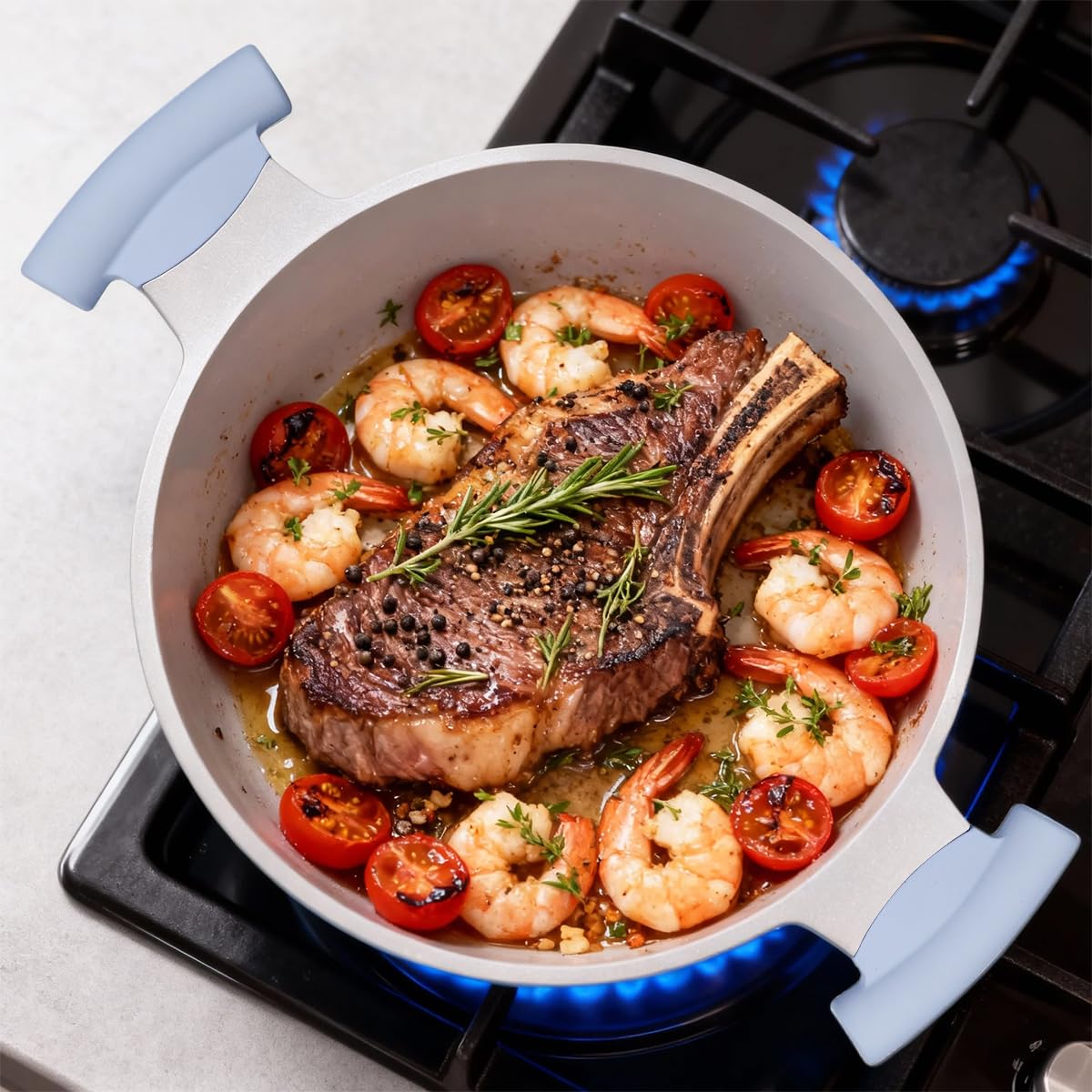 AIKENBBKK Olla de cocina 24 cm con tapa, 5L de aluminio antiadherente con revestimiento de cerámica, mango que permanece frío, apto para todo tipo de cocinas
