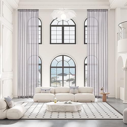 Sanceor Cortina semitransparente extra larga, 17 pies de largo, textura de gasa gris carbón, panel suave y ligero para casa de 2 pisos, techo alto,