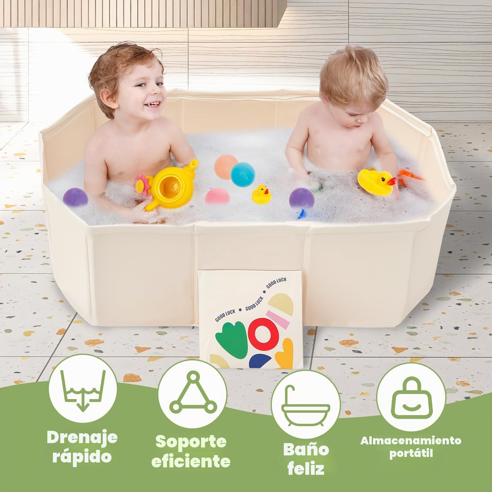 Bañera de bebé plegable, la bañera de bebé plegable con desagüe y pies de soporte, para niños pequeños con 5 bolas, 2 patos, Antideslizante Bebés para Niños de 0 a 5 Años ducha portátil (Tufty White)