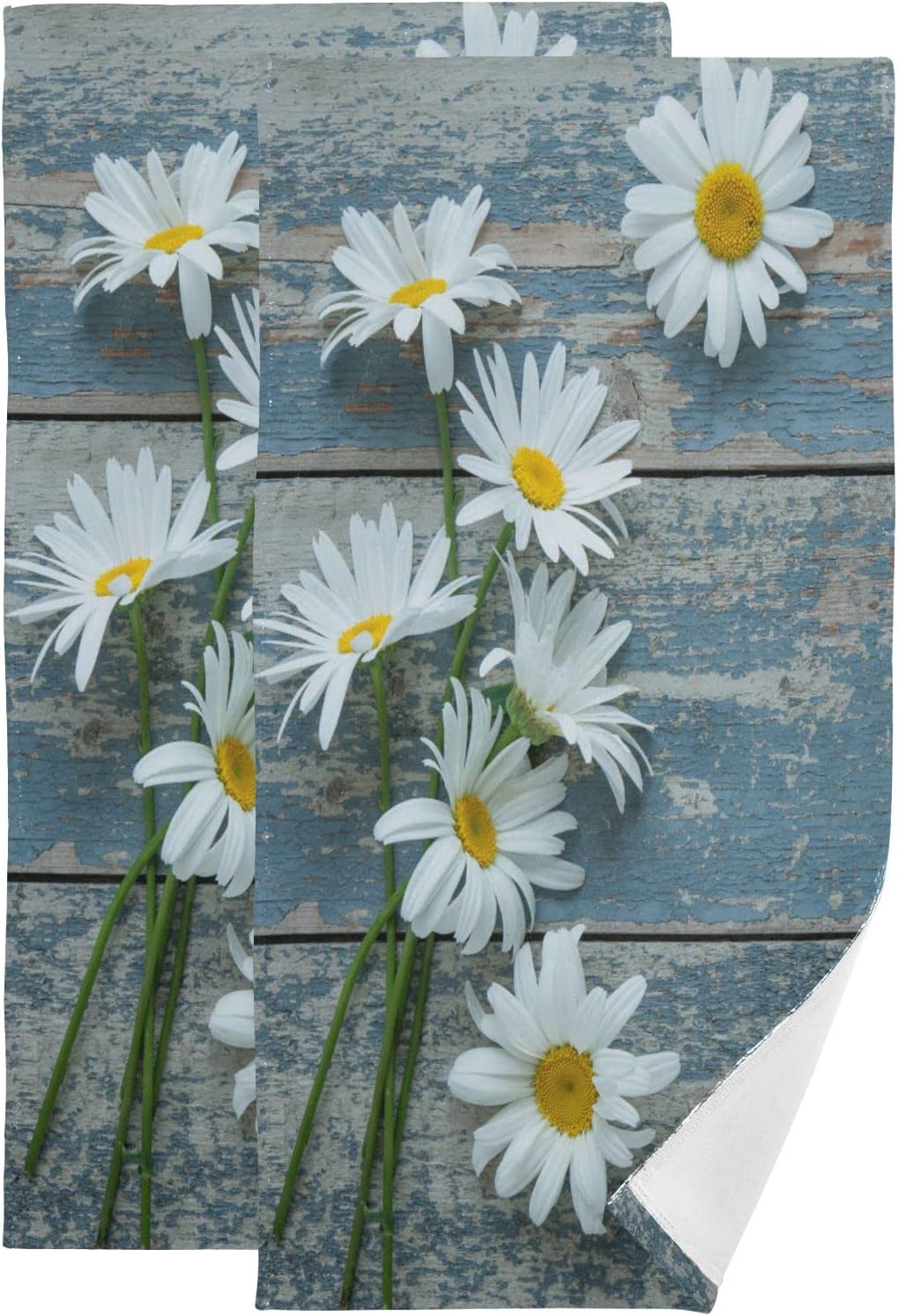 Blue White Daisy Flower Hand Towels for Bathroom Set of 2 Rustic Floral Teal Wood Barn Farmhouse Country Kitchen Towels Soft Absorbent Decoractive Bathroom Towel for Bath,Face,Gym,Spa 14"x28"