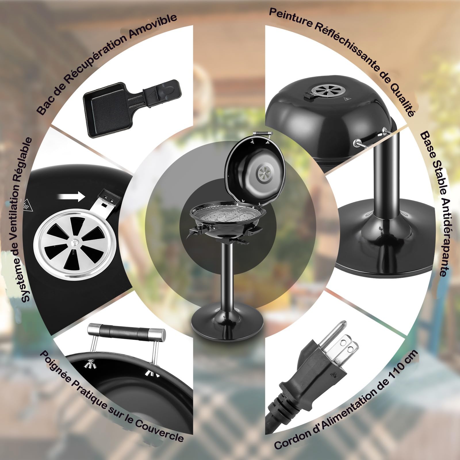 GYMAX Gril Barbecue Électrique sur Pied, Température 93-218°C, Puissance 1600W, Usage Intérieur et Extérieur, Portable avec Support pour Terrasse Balcon Cuisine Jardin