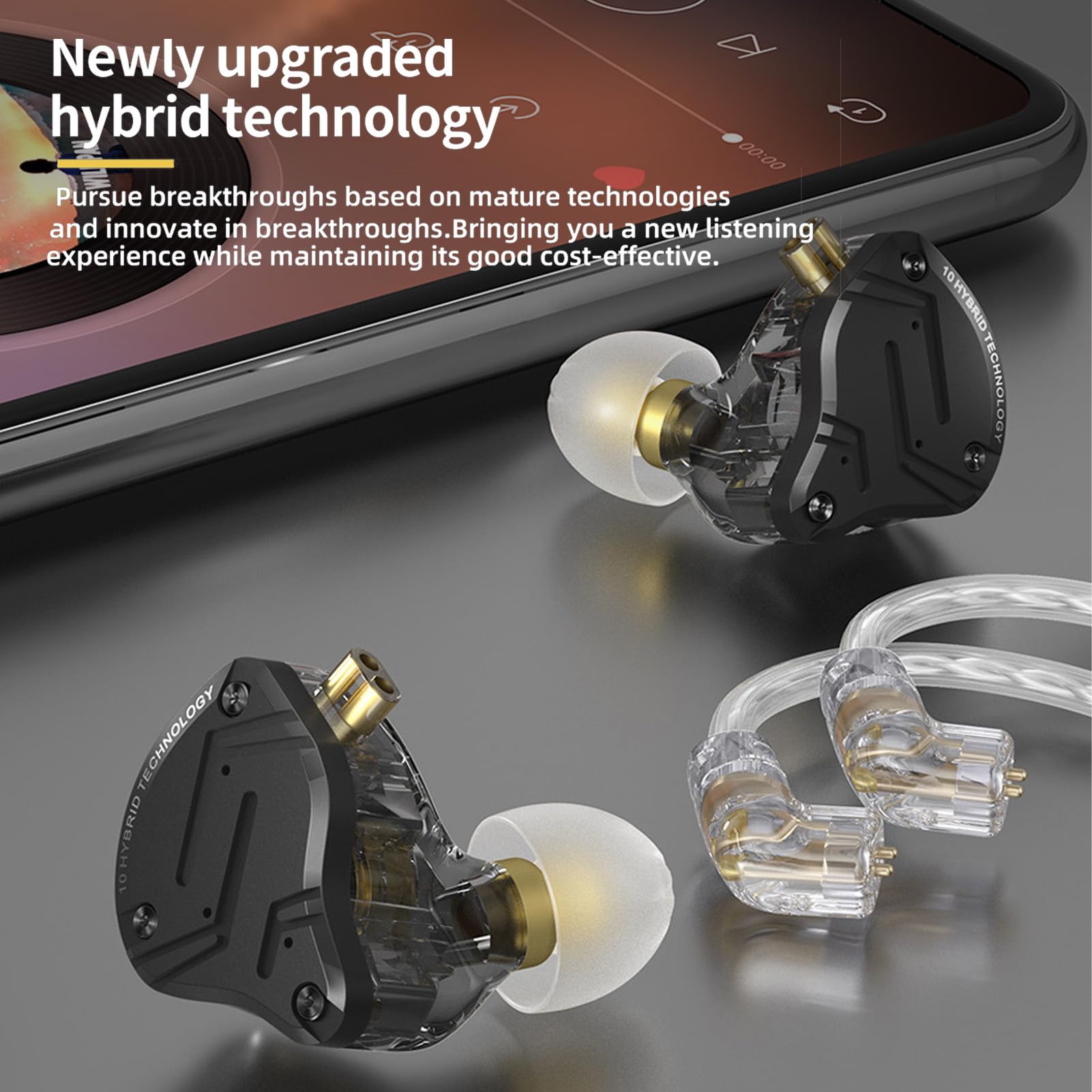 Yunir Wired Monitor Earbuds, KZ ZS10 PRO X High Fidelity Ergonomic Earphones with Detachable Cable, 0.75mm 2 Pin Connector - Image 2