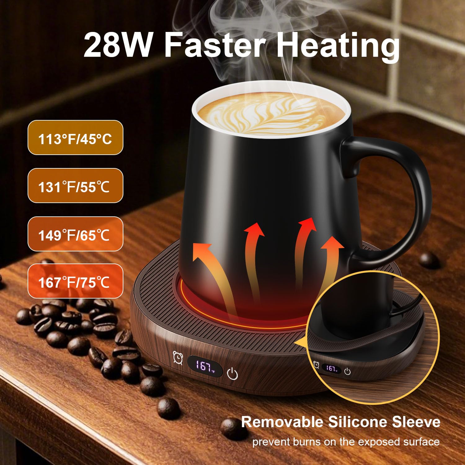 Juego de calentador de tazas de café y tazas para escritorio, calentador eléctrico inteligente de apagado automático para oficina y hogar, 4 ajustes de temperatura, taza de calefacción de café