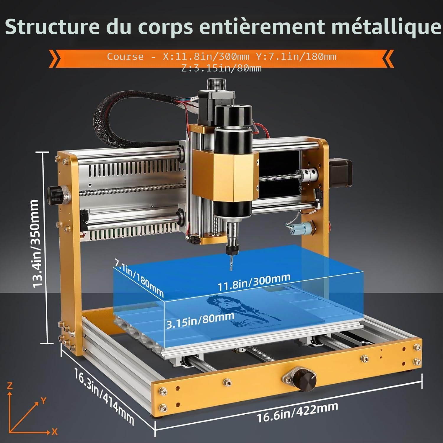 LUNYEE 3018 PRO MAX 500W Fraiseuse CNC All-Metal 3 axes Fraiseuse, interrupteurs de fin de course et arrêt d'urgence, 300 x 180 x 80 mm, zone de travail CNC pour bois, acrylique, MDF, sculpture en