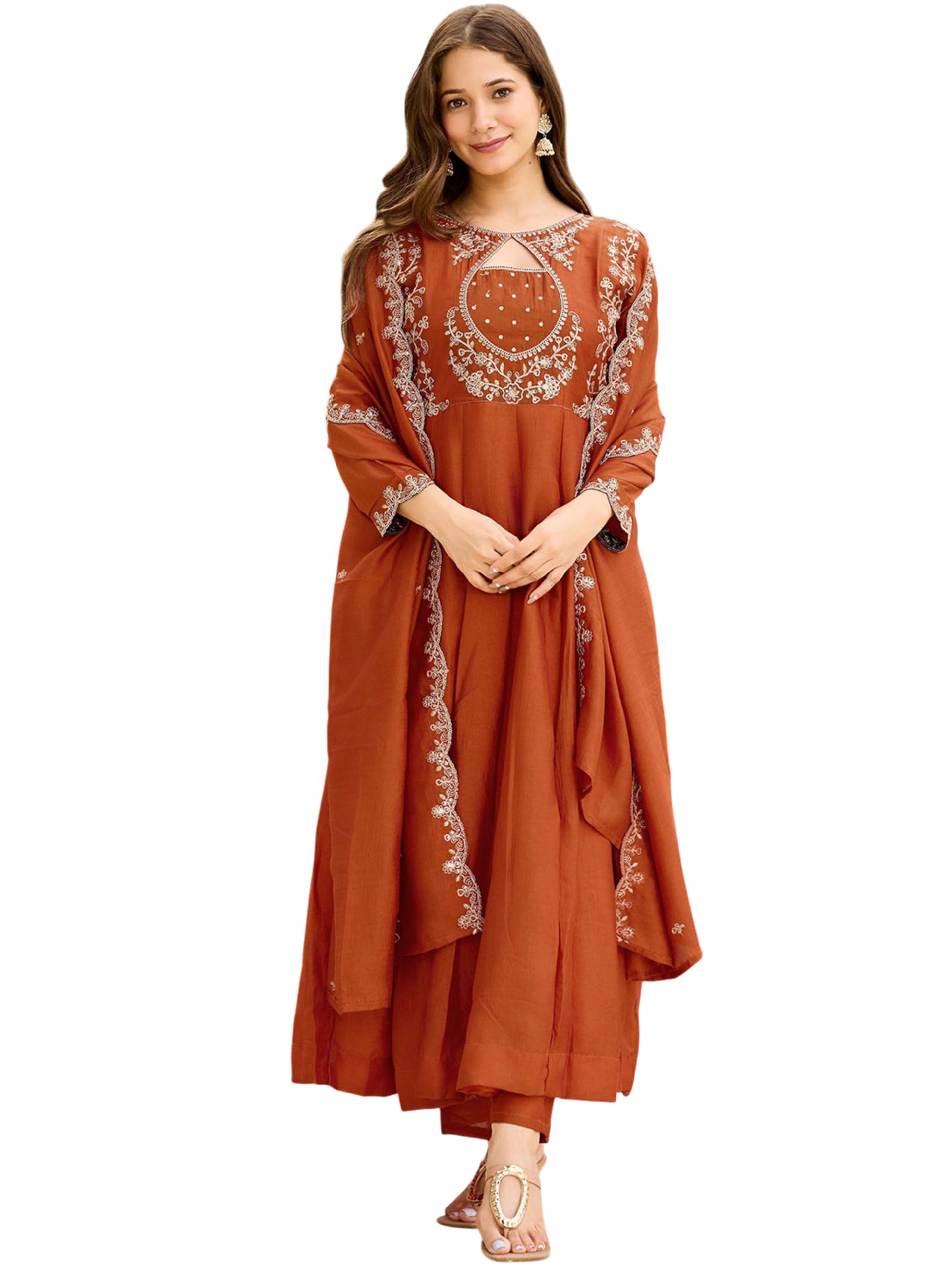 shiv textiles Women's Vichitra Embroidered Kurta Pant Dupatta Set(NK-1001-RUST-P)-picture-12