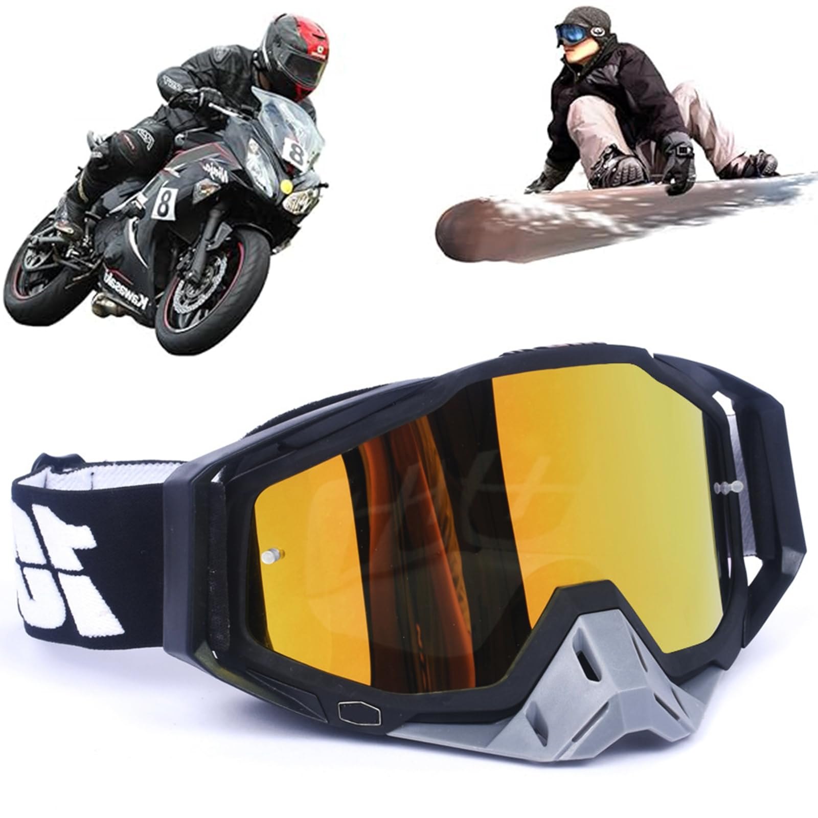 Yoihuqi Motocross Brille, Winddichte Staubdichte Motocross-Brille, SkiBrille, Dirt Bike Crossbrille, Anti Fog UV Skibrille, Off Road Racing Fahrbrille, für Radfahren, ATV, UTV (Schwarze/Graue Nase)