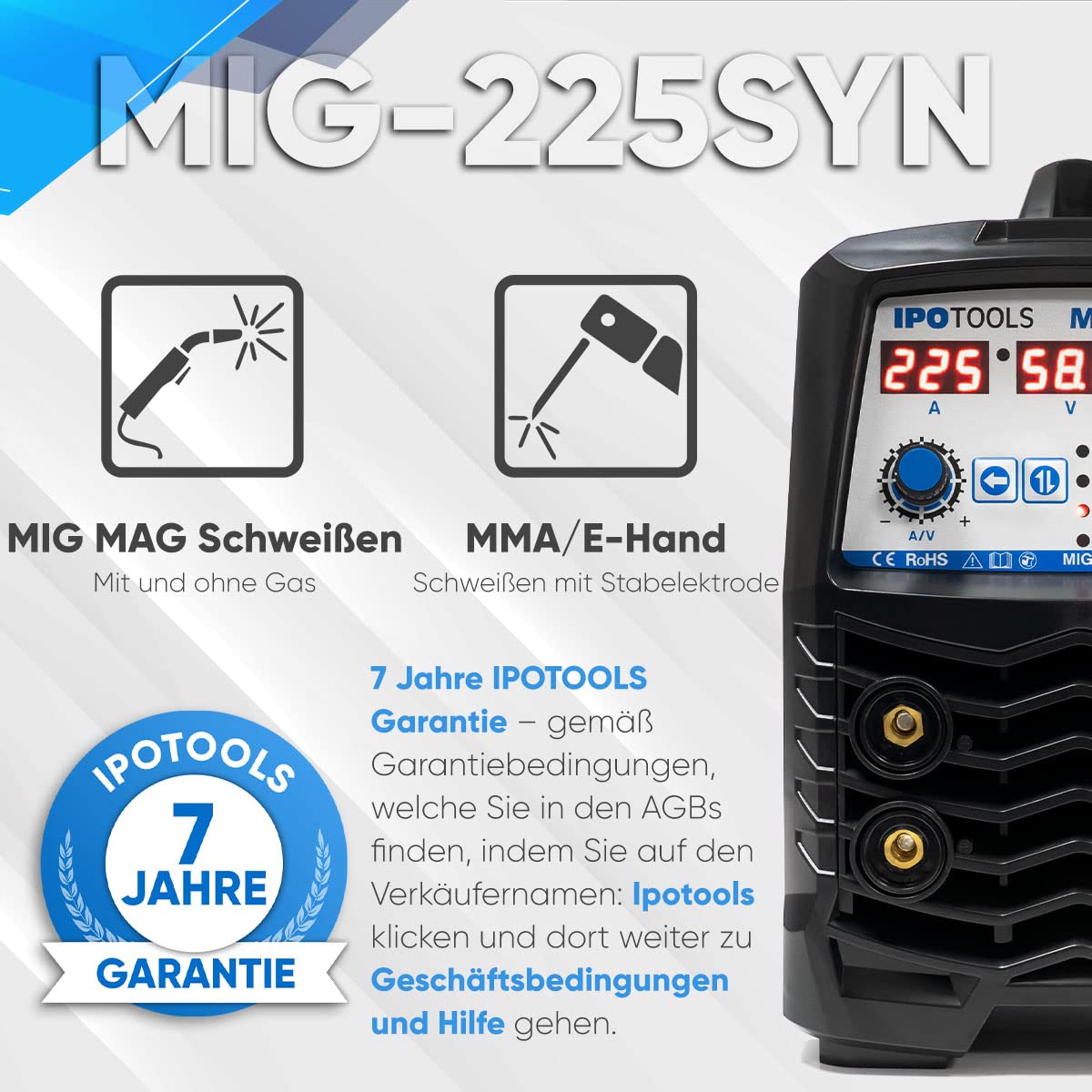 IPOTOOLS MIG-225SYN Inverter Schweißgerät MIG MAG - Schutzgas Schweissgerät mit 225 Ampere/Synergic Funktion/Fülldraht und Elektroden/E-Hand/Digitalanzeige/IGBT / 230V / 7 Jahre Garantie