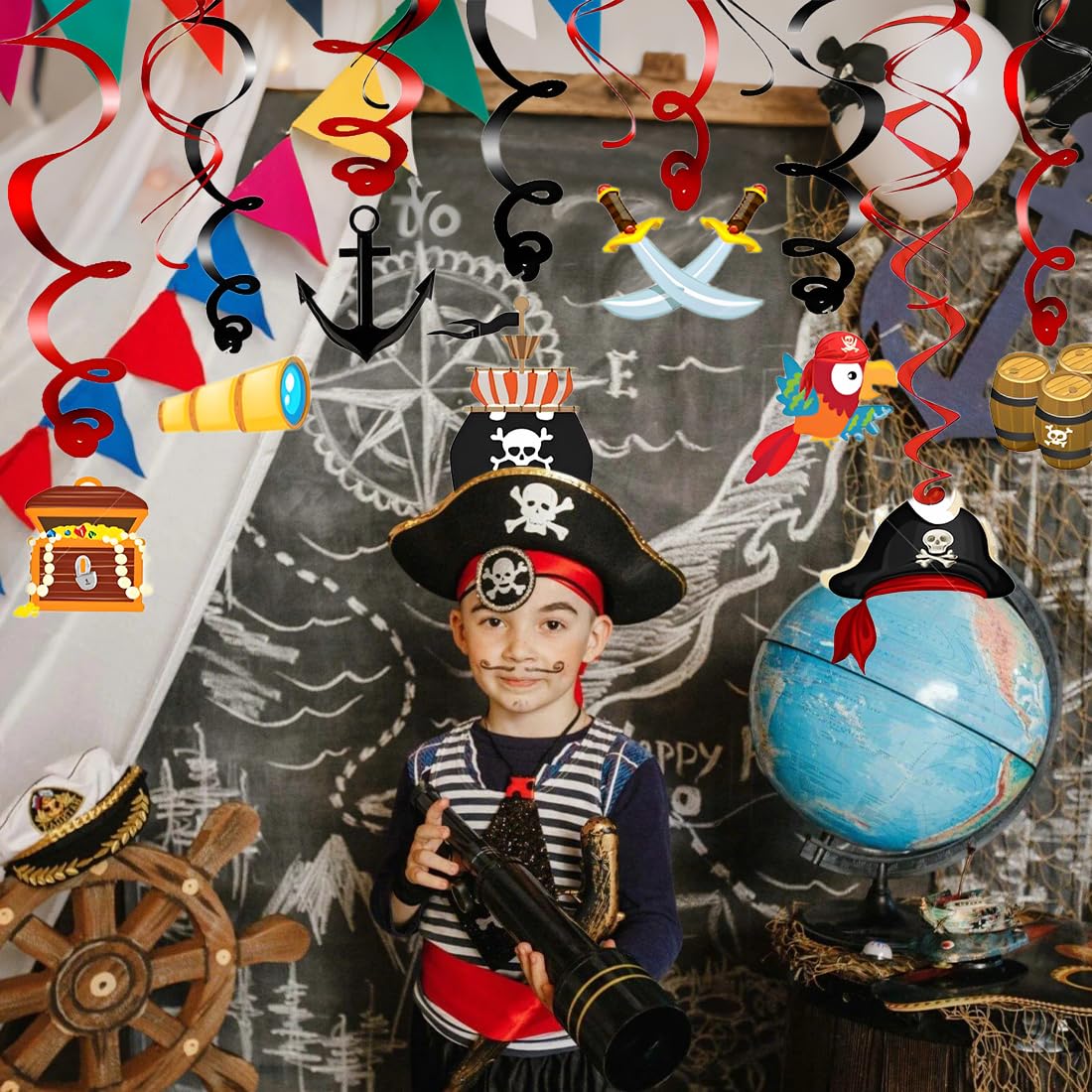 Carnaval, Halloween, Día del Niño Decoraciones de Remolinos Colgantes de Fiesta Pirata Serpentina de Espiral de Pared de Techo de Tema Pirata Remolino Colgante de Techo de Tesoros Loro