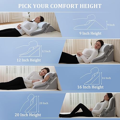 Miniatura 2 de Juego de almohadas ortopédicas de cuña para dormir, 9, 12, 16 y 20 pulgadas, almohada de lectura de espuma viscoelástica ajustable para alivio del