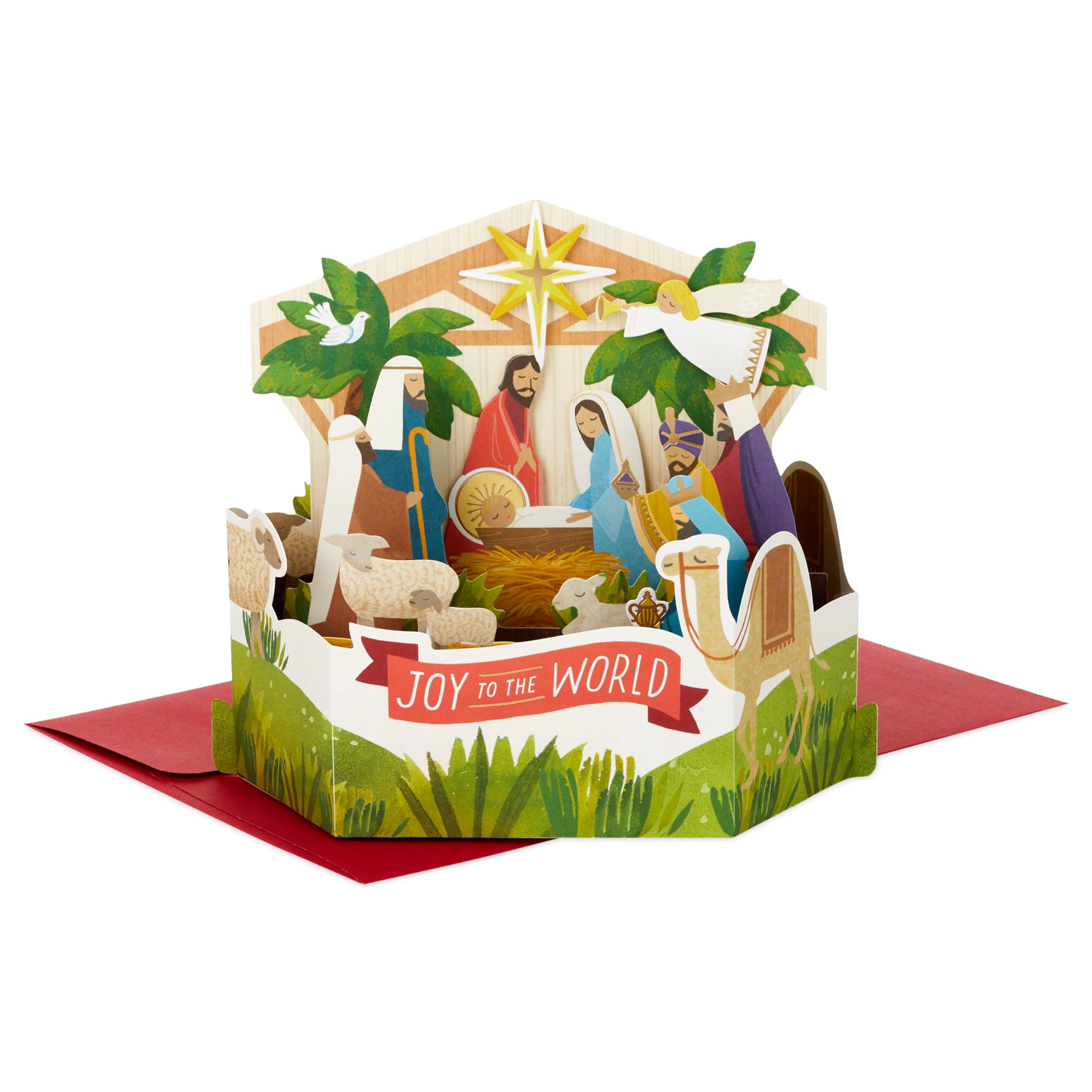 Hallmark Christmas Card, Nativity Scene Design, 3D and Pop Up Card, Religious Card, Green, Red, Multicoloured