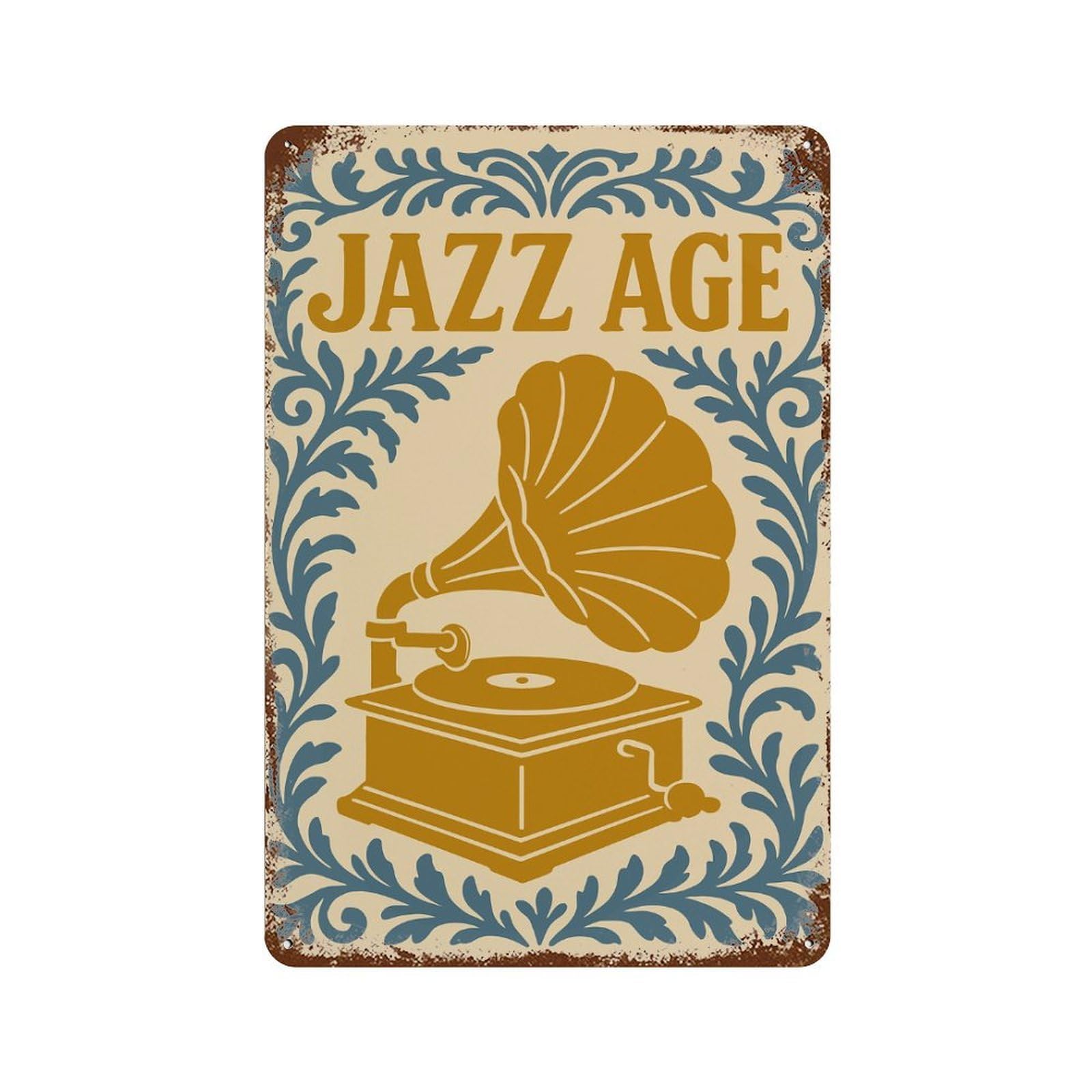Garage Style Jazz Age Gramophone Art Rusty Metal Tin Sign 11.8"x7.9", Classic Wall Plaque for Bar And Workshop