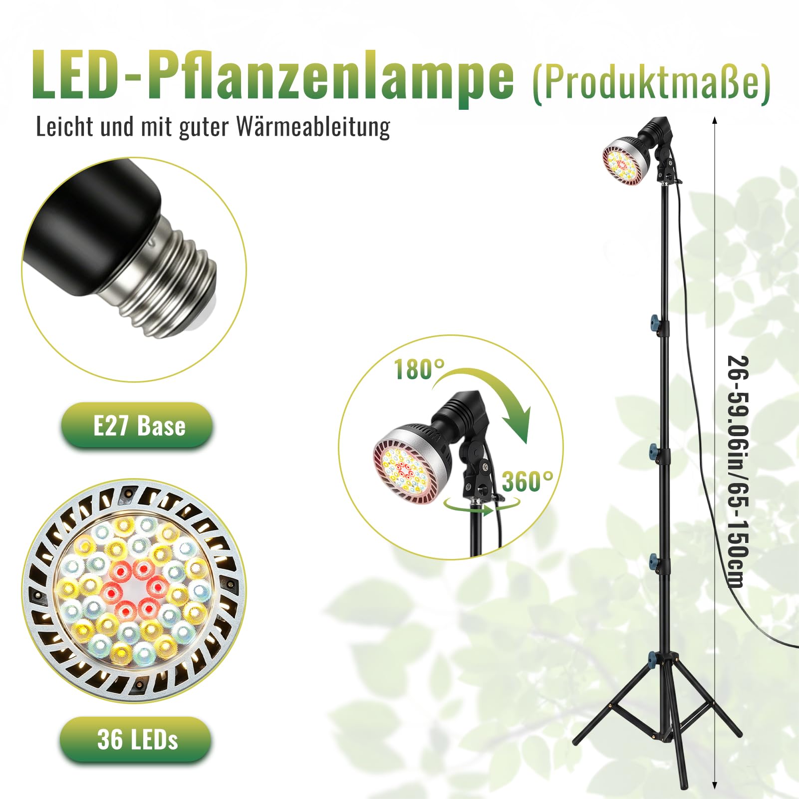 Ampoule Lampe Horticole avec Trépieds,19W Led Horticole Spectre Complet | E27 Lampe De Croissance pour Plantes,Dimmable 36 LEDs Lampe Plante Avec Minuterie 4/8/12h,pour Germination Croissance