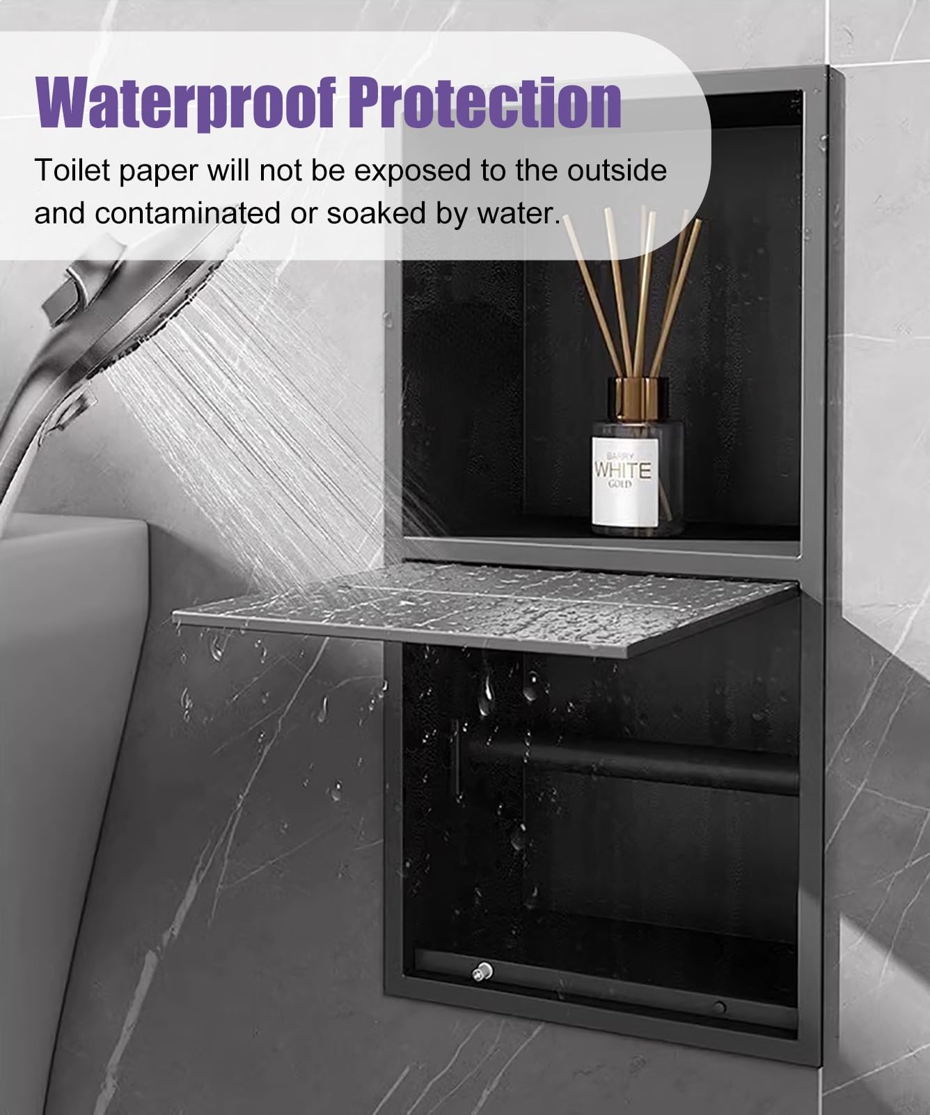 Nicho de Ducha Empotrable Portarrollos de Papel Higiénico Empotrado Negro, Organizador de Pared Impermeable para Baño, Nicho para Caja de Pañuelos