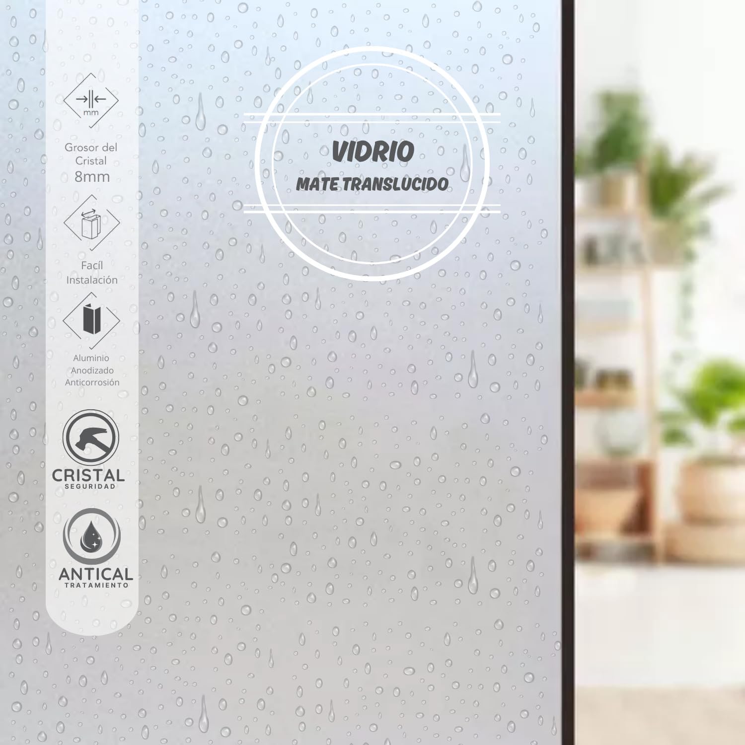 SOULHOME Mampara Panel Fijo Translucido, Fácil instalación Vidrio MATE Arenado de seguridad 8 mm antical, 110 cm ancho x 200 cm alto, Perfil CROMO