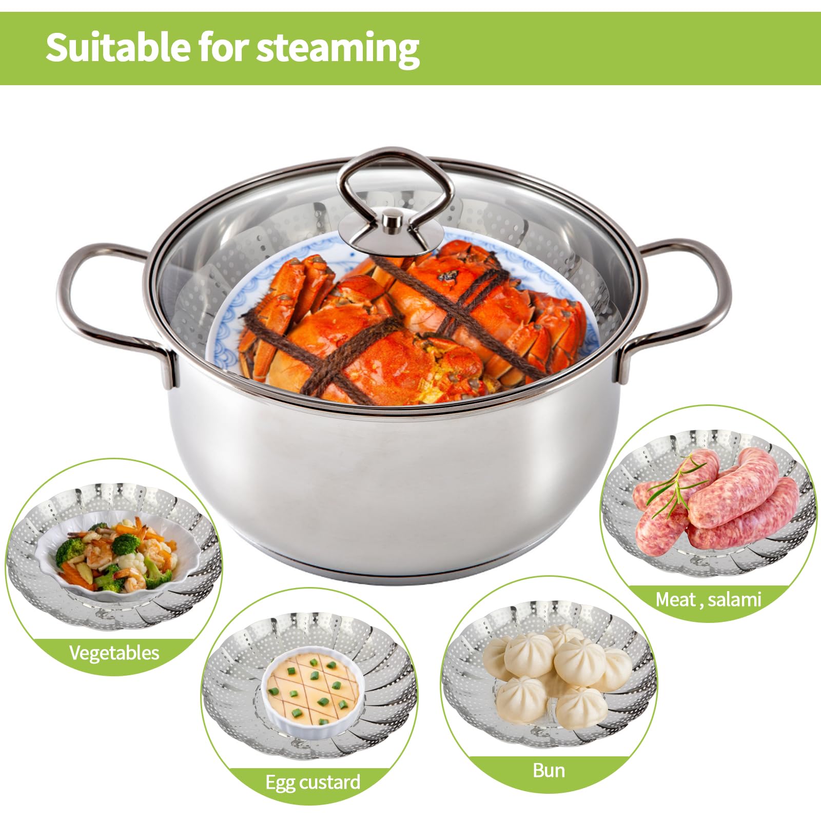 Cesta de vapor plegable de acero inoxidable (6 a 10.3 pulgadas), tercera generación, vaporera para cocinar, vaporera de verduras, cesta de vapor para olla, expandible para adaptarse a varios