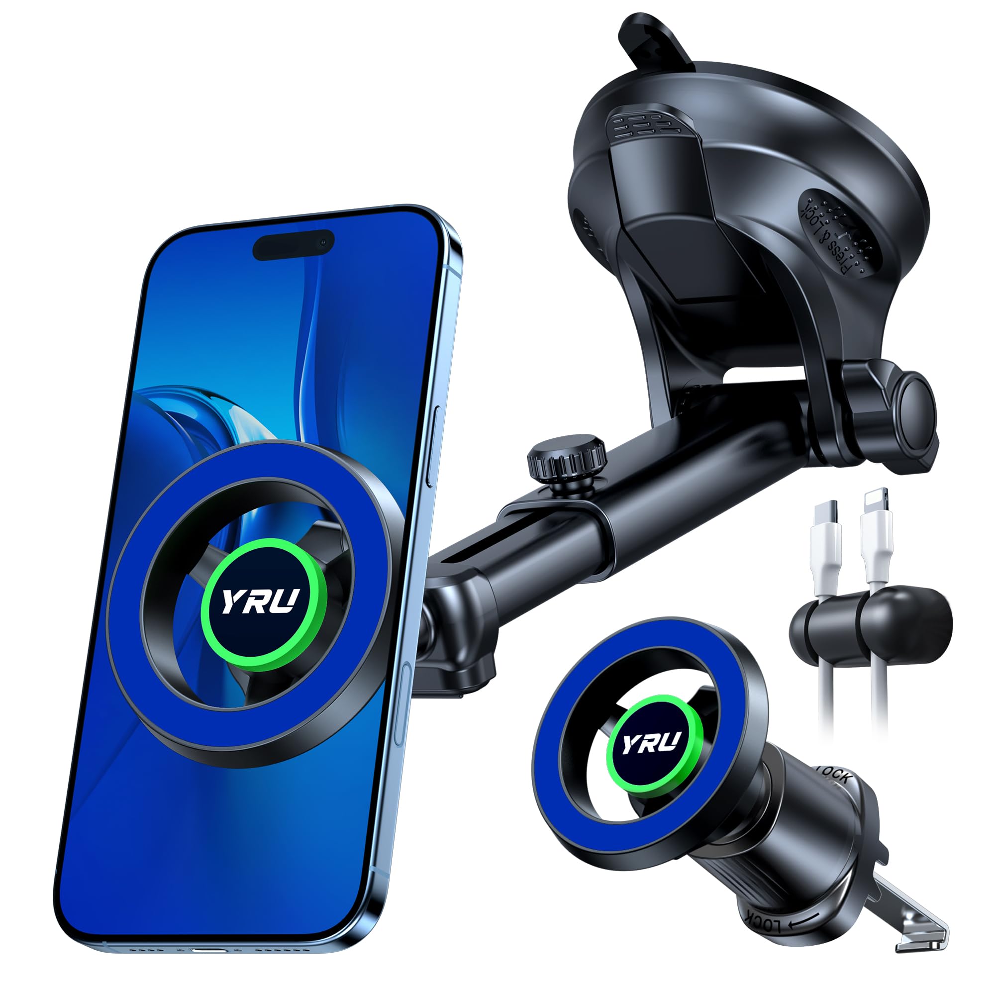YRU [2026 Military-Grade] for Magsafe Car Mount 90+LBS Strong Suction 360° Adjustable Magnetic Phone Holder for Car Dashboard Windshield Vent, Cradle for iPhone 17 16 15 14 13 12 Samsung, Dark Blue