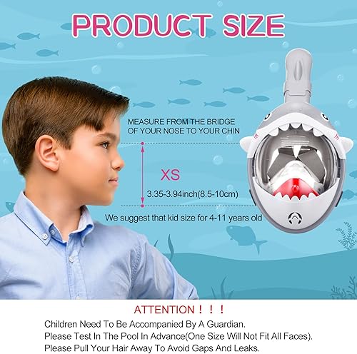 Miniatura 2 de 2 máscaras de esnórquel de cara completa para niños con aletas de natación ajustables, vista panorámica de 180 grados, máscara de esnórquel de