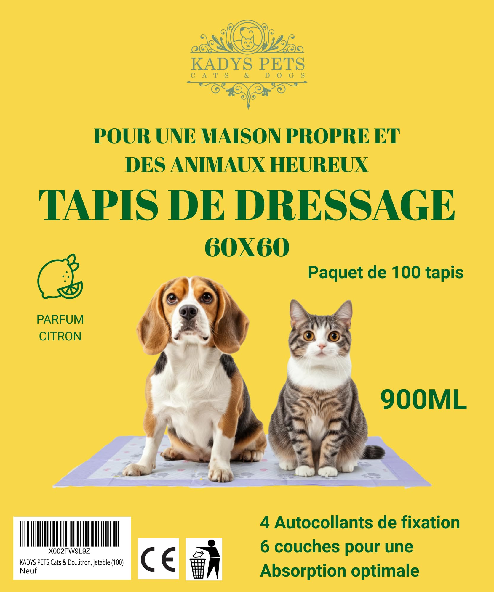 Tapis Chien,alaise pour Chien,ou Chats,Tapis pour Chiot 60x60,Apprentissage de la propreté,Super Absorbant,6 Couches,Parfum Citron,alese Jetable,Anti-Fuite et Résistante(100 pièces)