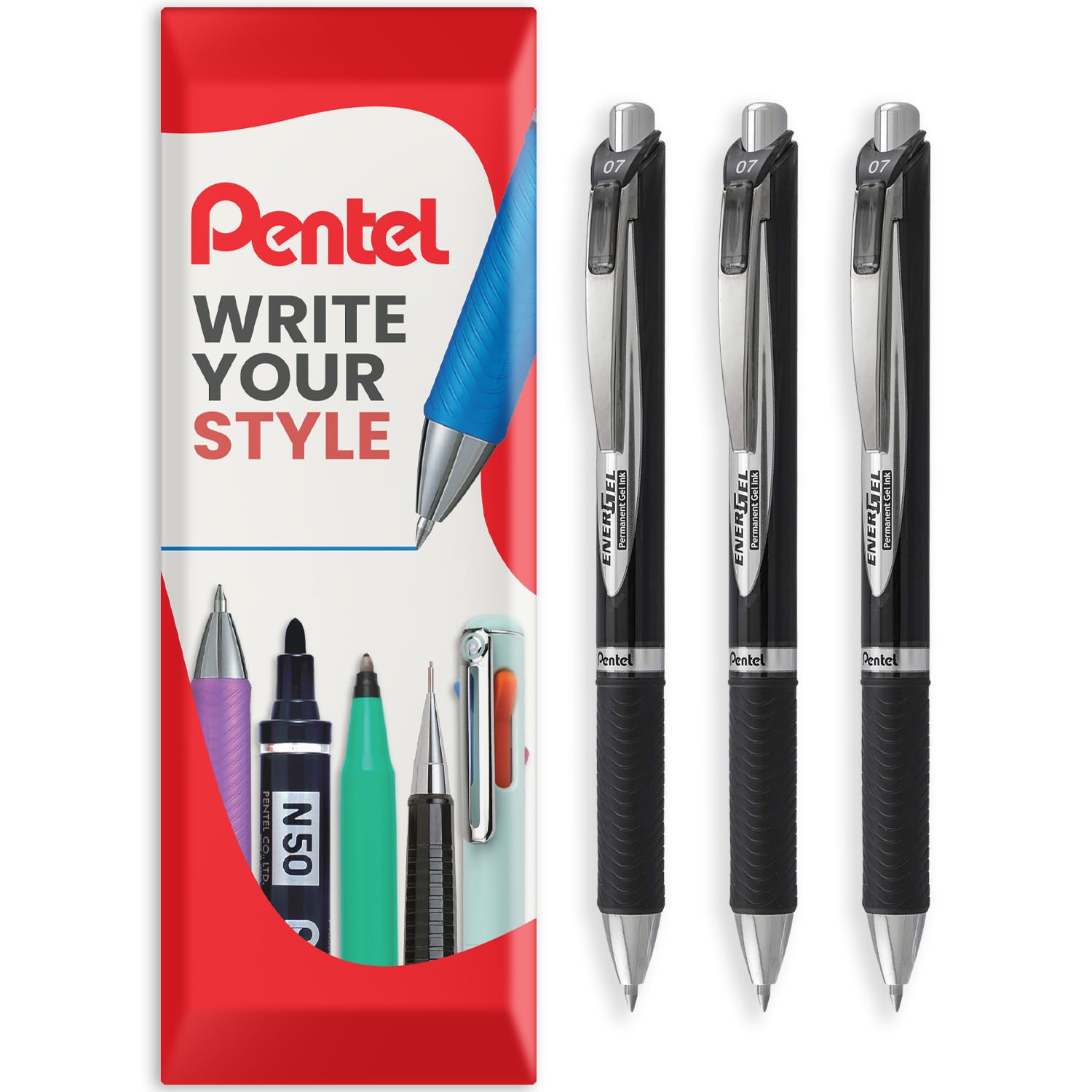 Pentel EnerGel BLP77 Permanent Gel Ink Retractable Roller Pen - 0.7mm Nib - In Envelope Gift Packaging (Black)