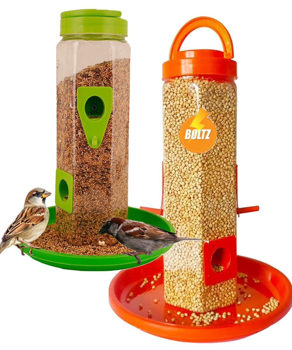 Boltz Hanging Bird Feeder, 4 Feed Nozzle, Hanging Food Feeder, Capacity 1 Kg, Bird Feeder for Balcony, Ideal for All Kind and Stage Bird-(Combo Transparent, Pack of 2) (Green Orange) (B0D2P444X2) Amazon Price History, Amazon Price Tracker