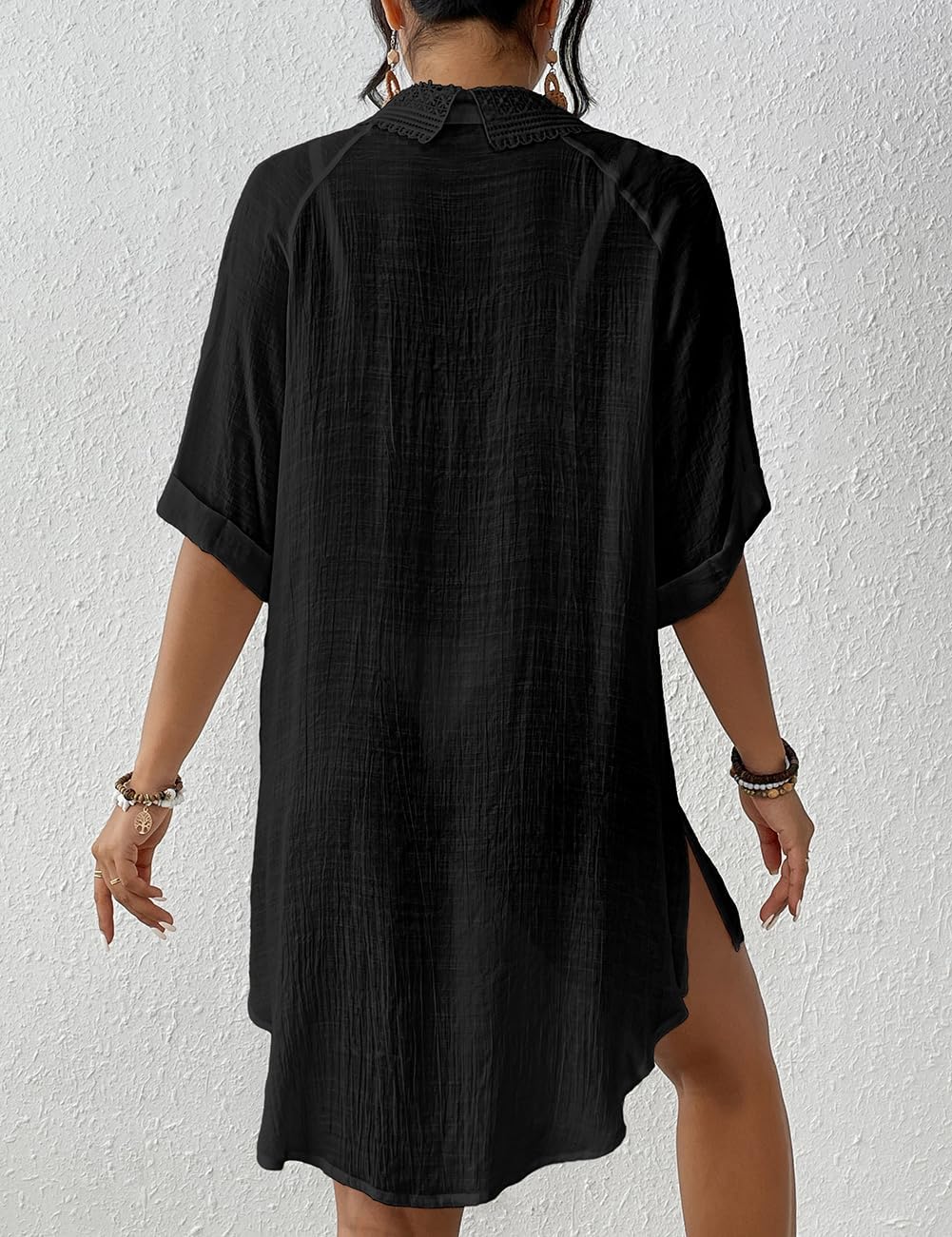 Bsubseach Women Beach Shirt Bathing Suit Cover Up Embroidered Lapel Blouses Button Down Collar Tops - Image 3