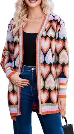 EZAPINE Chunky Cardigan Sweaters for Women Long Open Front Color Block Knitted Heart Cardigan Valentine Sweater