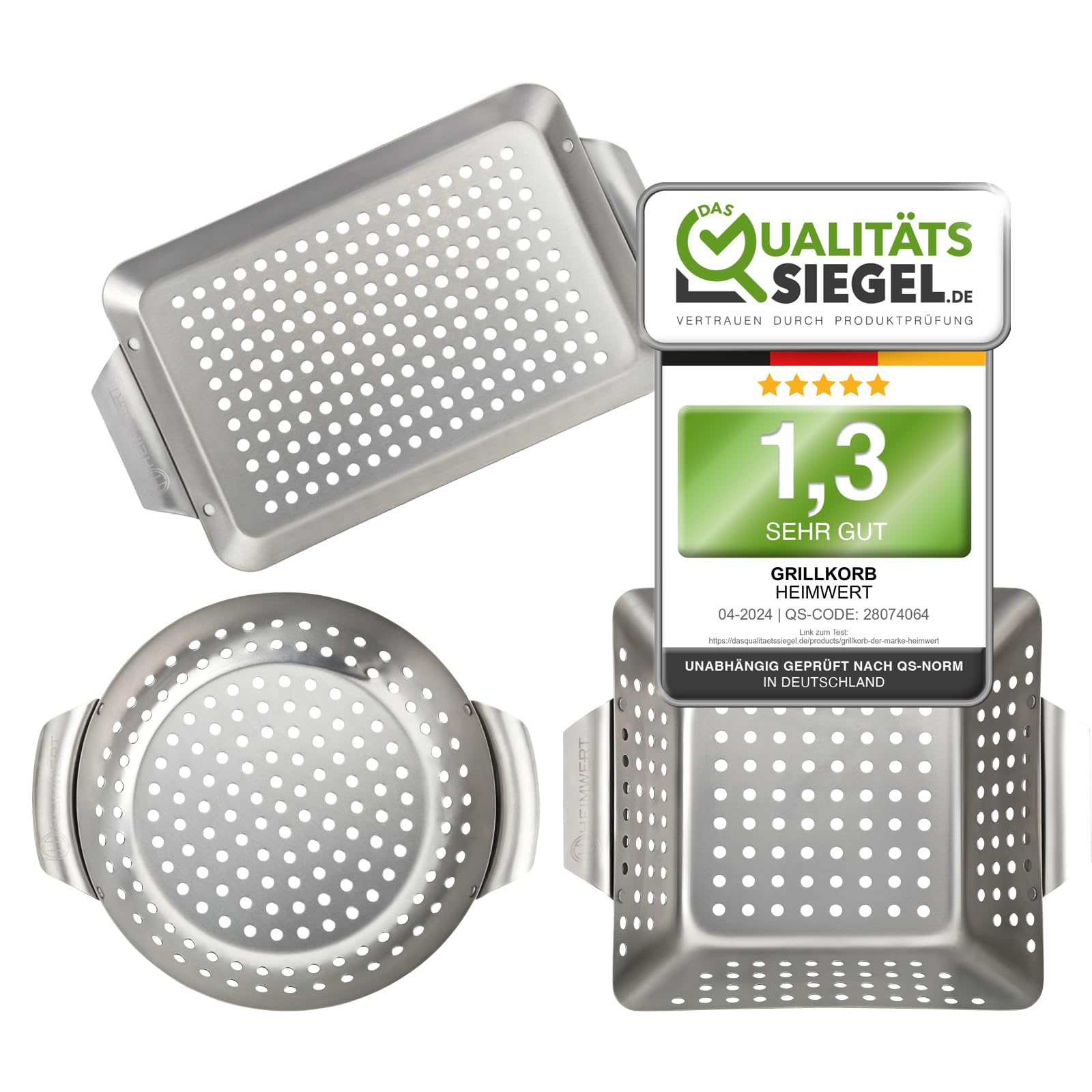 HEIMWERT Hochwertiges Premium Edelstahl Grillkorb 3er Set - Die hochrobusten und universell einsetzbaren Grillschalen - Das Original