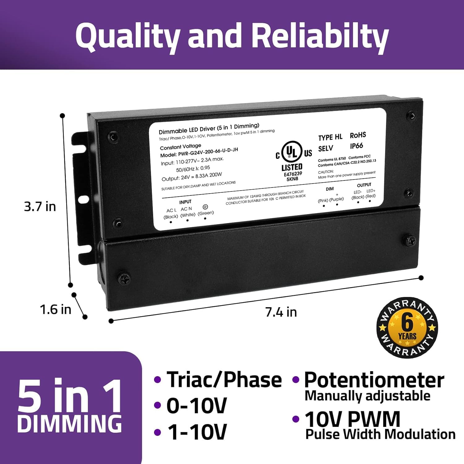 HitLights 200W Dimmable LED Driver, Electronic Transformer, 120V AC to 24V DC Power Supply for LED Strip Light, IP66 Rated, Dimming with TRIAC, 0-10V, 1-10V, Potentiometer, 10V PWM, UL Listed, Class 2