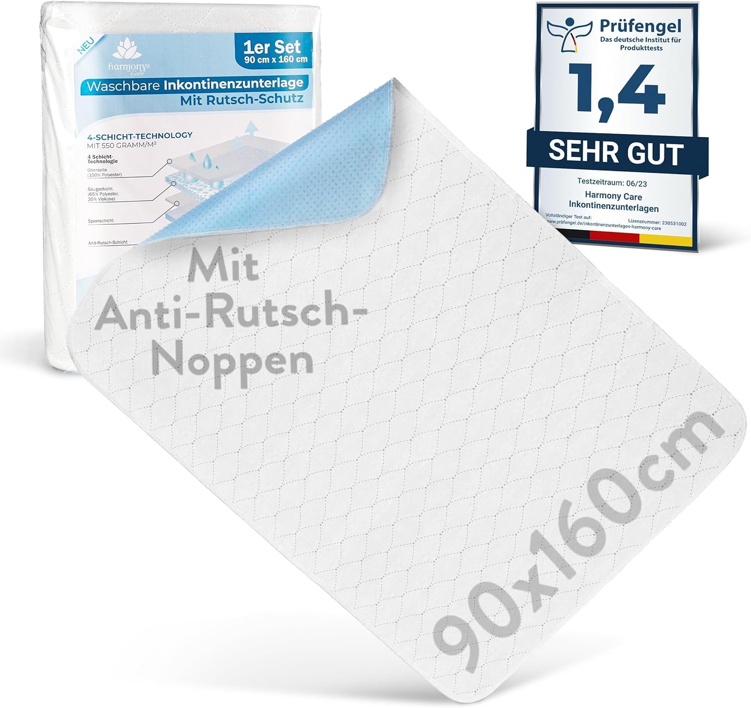 Harmony Care® Inkontinenzunterlage waschbar 90x160 cm [mit Anti-Rutsch-Noppen] - 2X rutschfeste Inkontinenzauflage - atmungsaktive Inkontinenz Bettunterlage