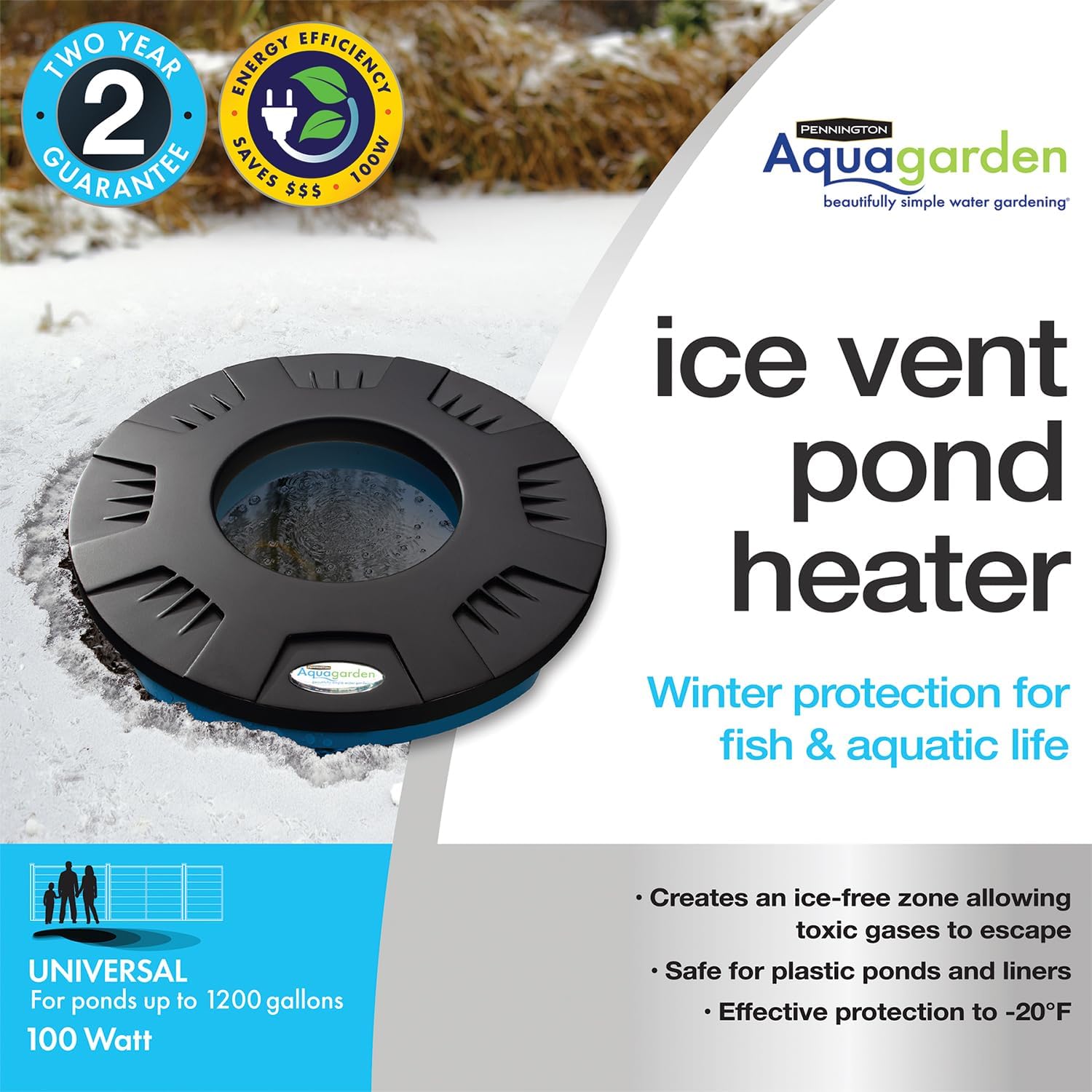 Ice Vent Pond Heater, Pond De-icer, Winter Protection for Fish & Aquatic Life, Thermostat Controlled, for Ponds up to 1200 gallons