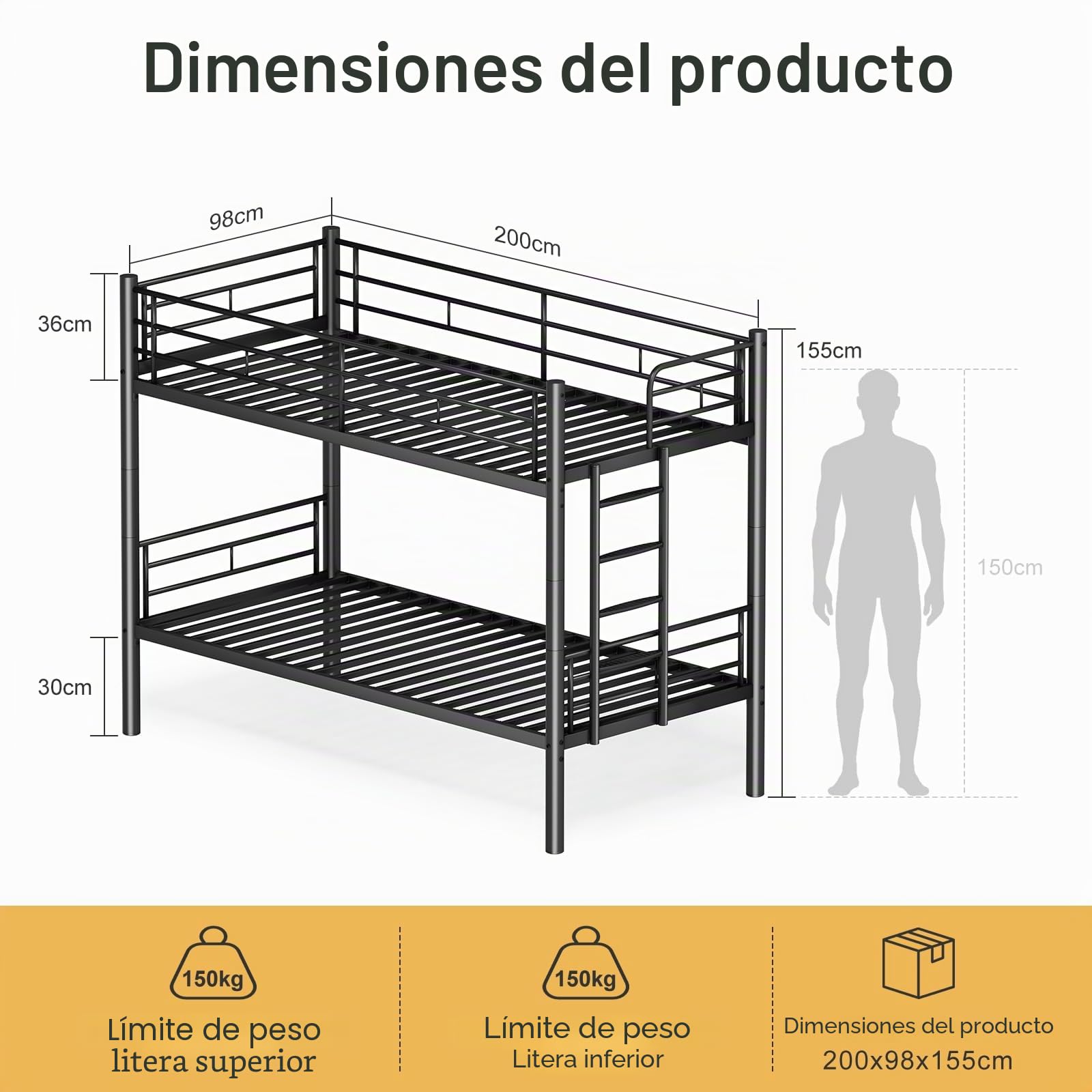 Litera de metal de 90 x 200 cm, se puede dividir en dos camas individuales, litera con escalera y protección anticaídas para adolescentes y adultos, color negro