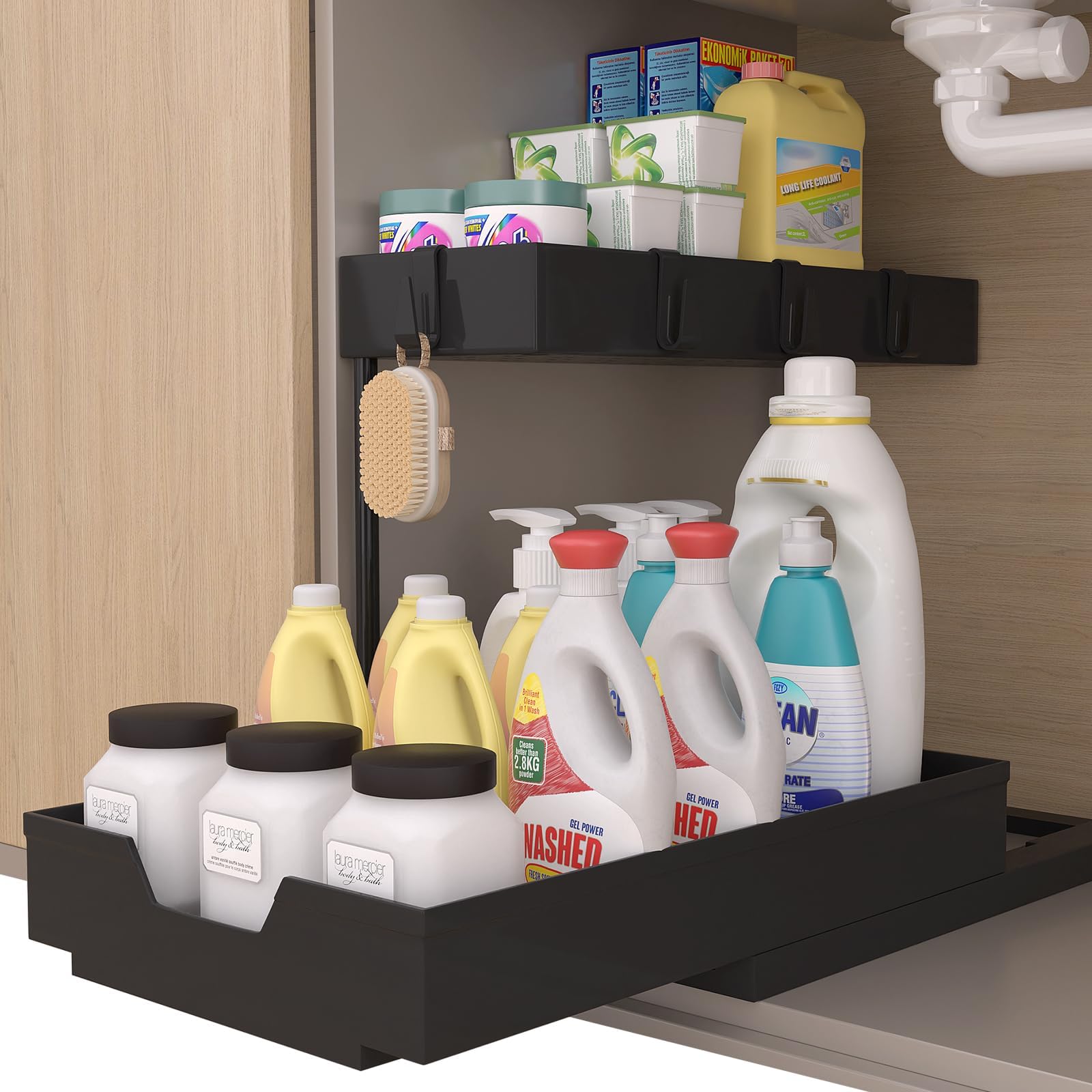 NATURE'S SOURCEUnder Sink Organizers, Sliding L-shape Cabinet Organizers Narrow Space Storage Multi-purpose Sink Organizer Baskets with 4 Hook for Bathroom Kitchen Drawer (Black, 1 pack)