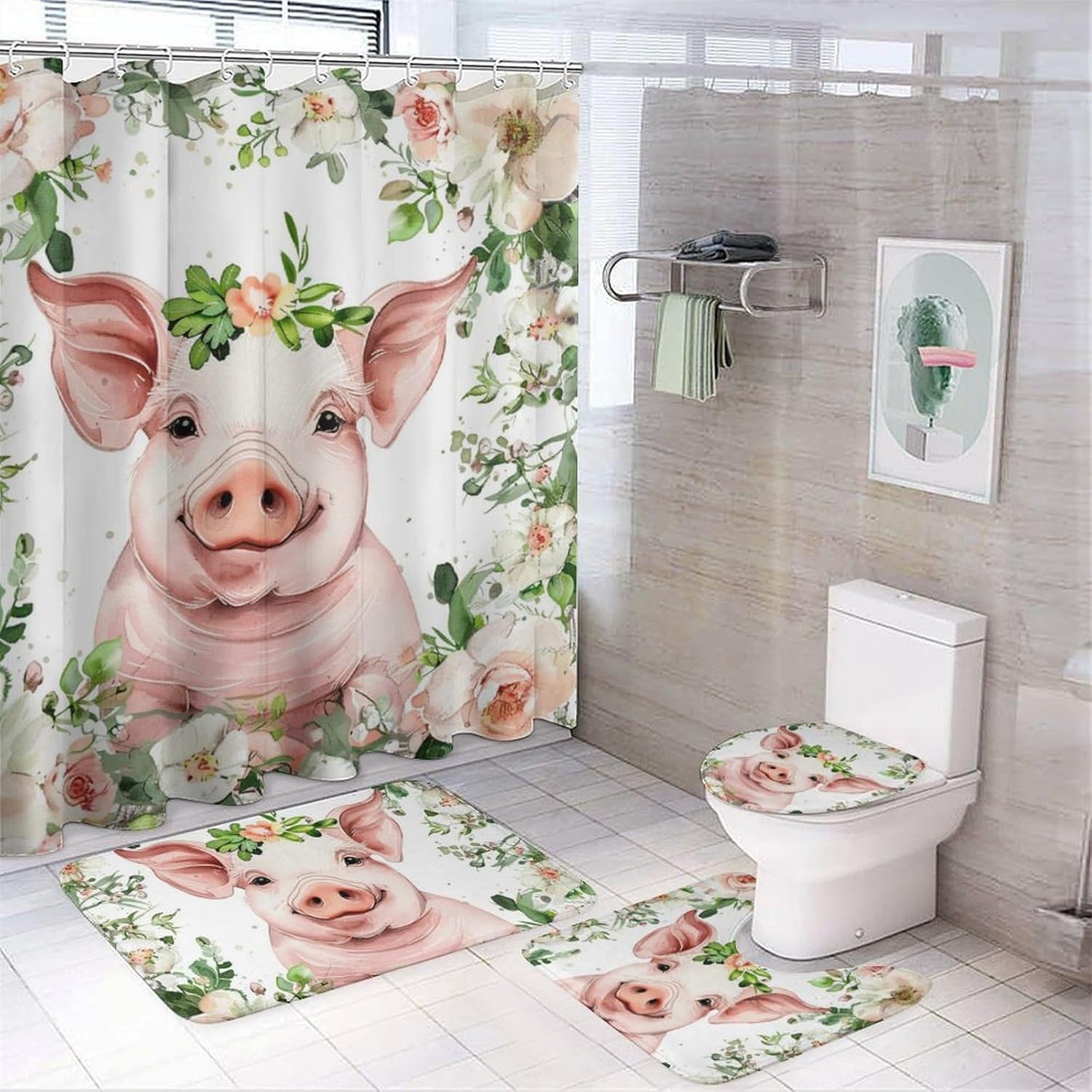 4Pcs Floral Wreath Pig Shower Curtain Set, Retro Rustic Green Leaves Plants Bathroom Decor Set with Rug Bathroom Accessory Bathroom Curtain Shower Set, 72" x 72"