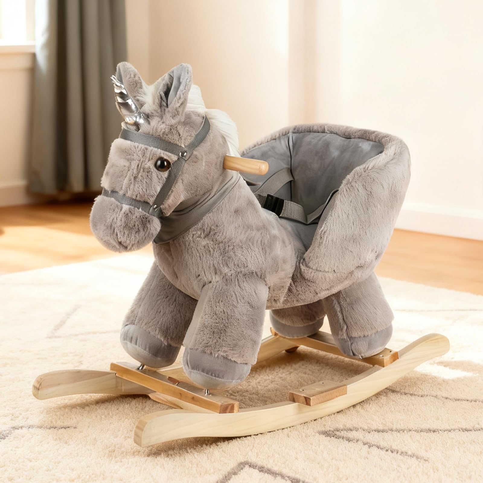 Jessruly Plush Animal Rocking Horse – Soft Ride-On Rocker with Wooden Frame, Magical Unicorn Design for Imaginative Play (Grey unicorn)