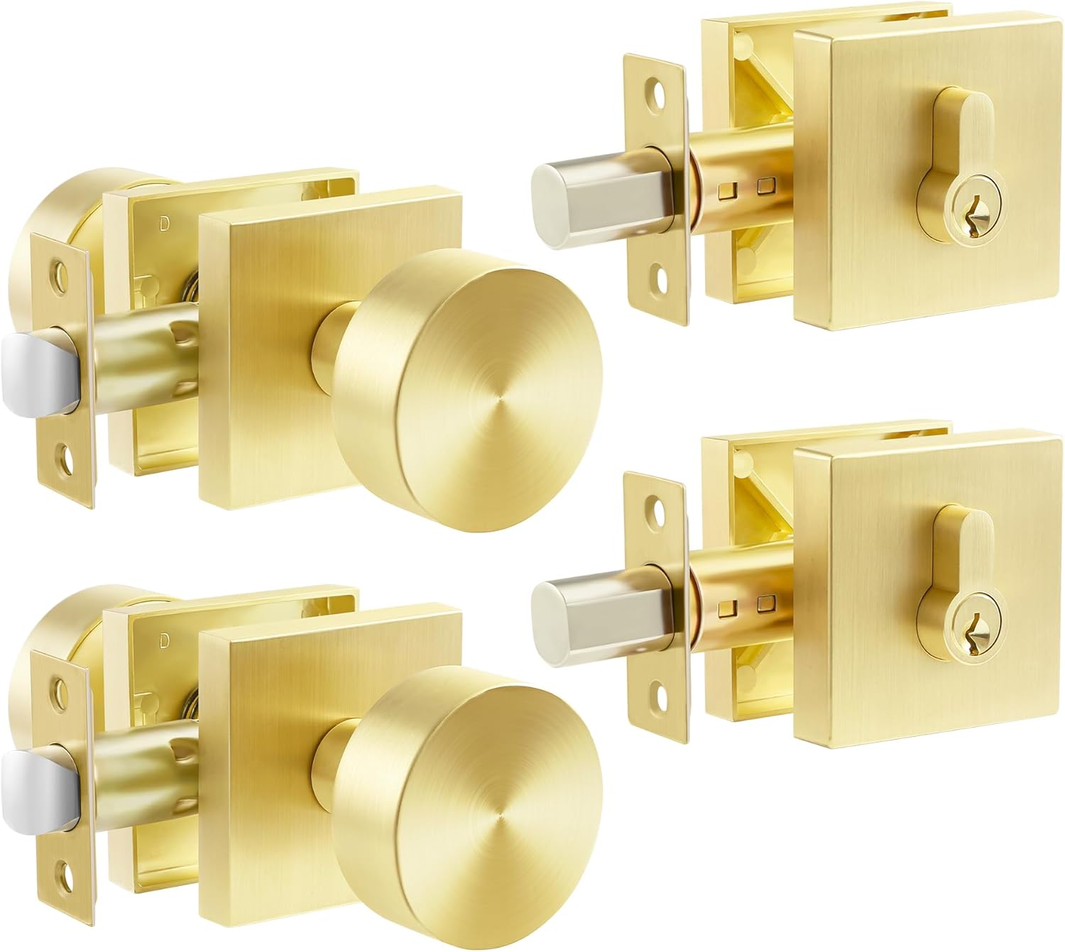 1 Pack Front Door Lock Set,Front Door Entry Knobs Single Cylinder Deadbolt Combo Set,Gold Door Knobs with Same Keys,Satin Brass
