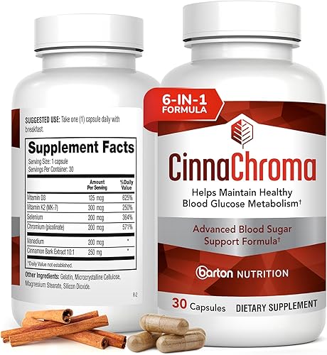 CinnaChroma Cápsulas – Suplementos de canela con extracto 10:1, cromo, vanadio, selenio, vitamina D3 y K2 – Bloqueador natural de azúcar – 30