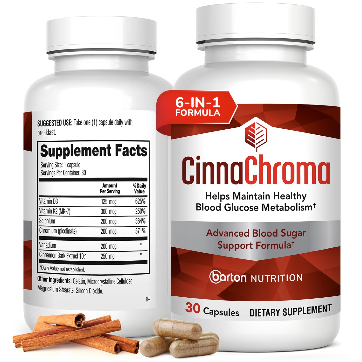CinnaChroma Capsules - Cinnamon Supplements with 10:1 Extract, Chromium, Vanadium, Selenium, Vitamin D3 & K2 - Natural Sugar Blocker - 30 Capsules, 1 Month Supply