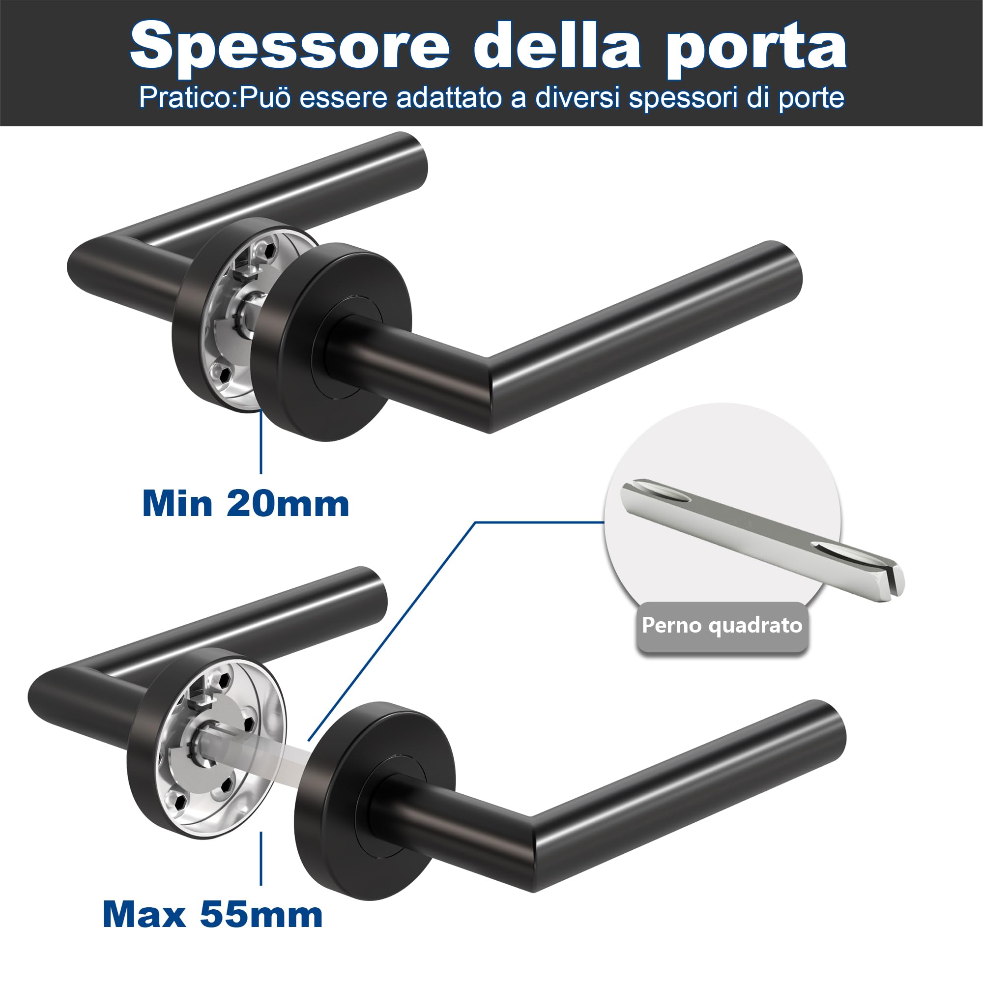 Maniglie per Porta Interne 4 Pezzi, Maniglia per Porta in Acciaio Inox con Rosetta Arrotondata Ø 52 mm, Nero Opaco, Forma di L, BB-Chiave a Profilo Tondo