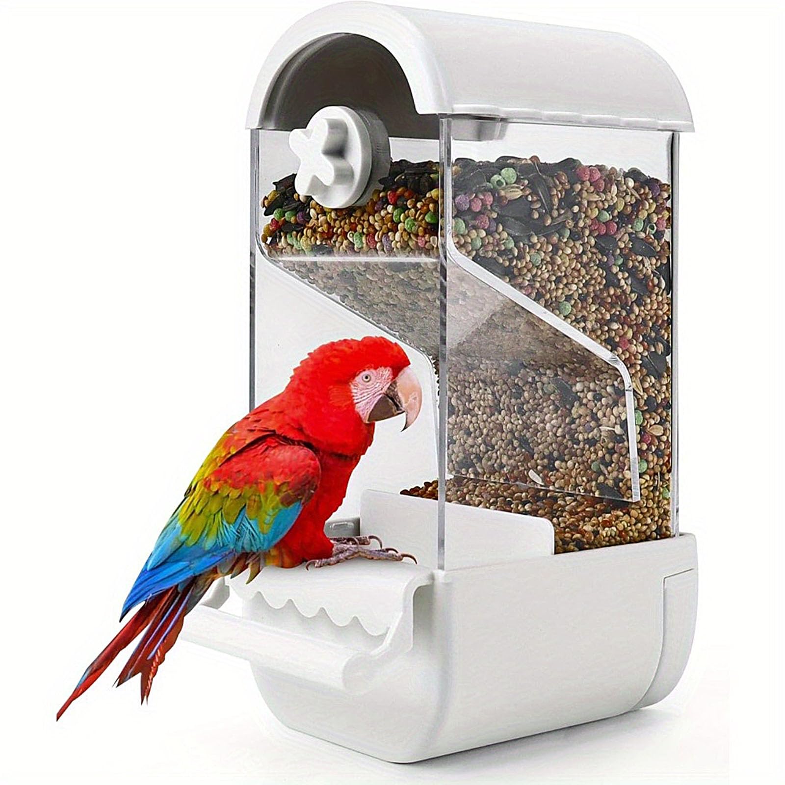 Automatic Bird Feeder,1PC No Mess Bird Feeder with Perch,Parrot Food Bowl Container Budgie Cage Accessories for Parakeets Canary Cockatiel Finch Lovebirds (White)