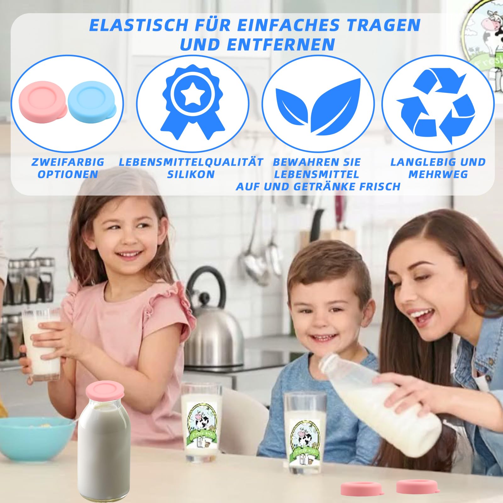 4 Bouchons De Bouteille En Silicone Réutilisables - Étanches, Universels, Pour Bouteilles De Lait En Verre (blanc, Rose, Bleu, Vert)