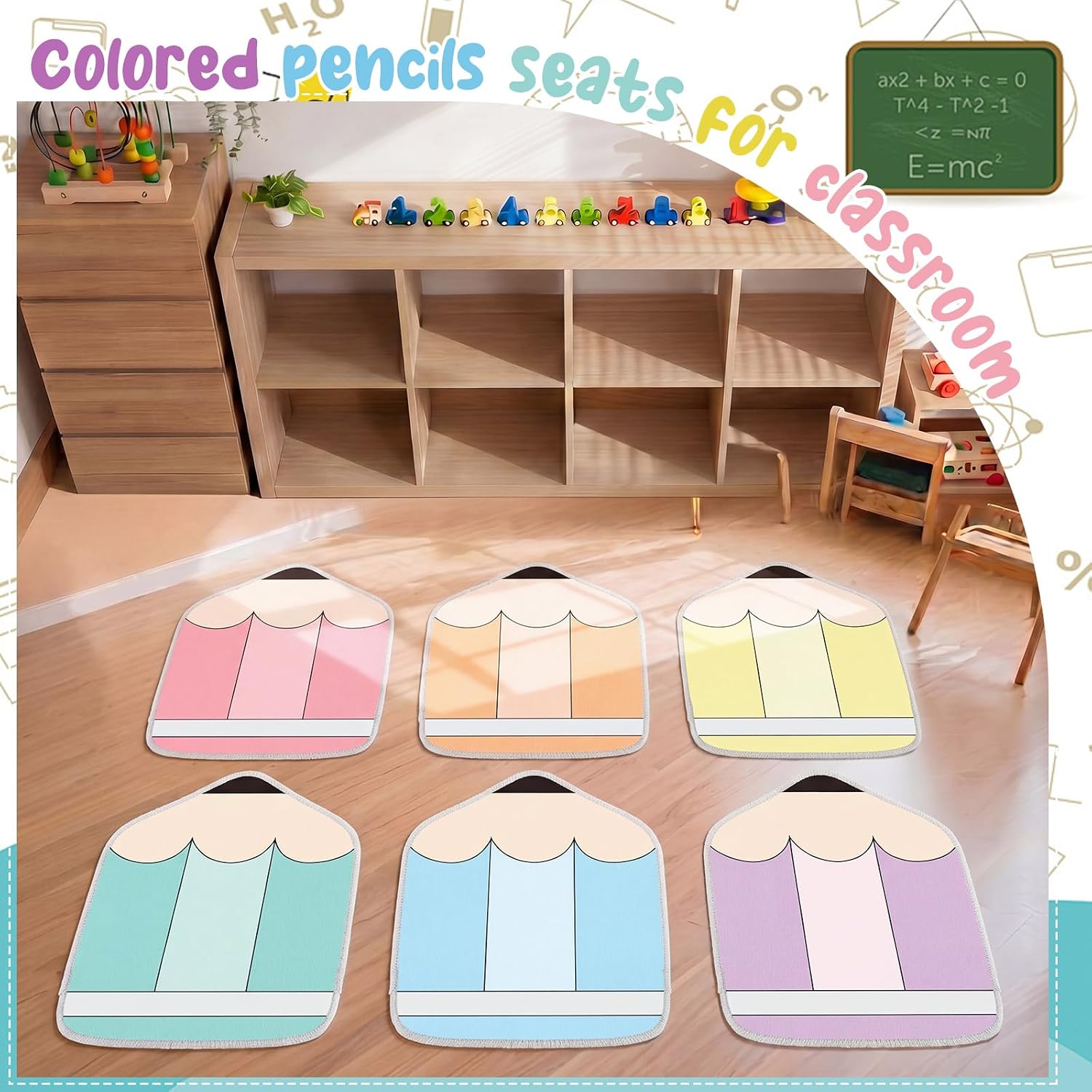 12 Pcs Pastel Pencil Carpet Circle Seats for Classroom 12 x 16 Inch Classroom Floor Mats, Crystal Velvet Mat, Pencil-Shaped Cute Carpet for Learning Corners, Reading Playing Areas