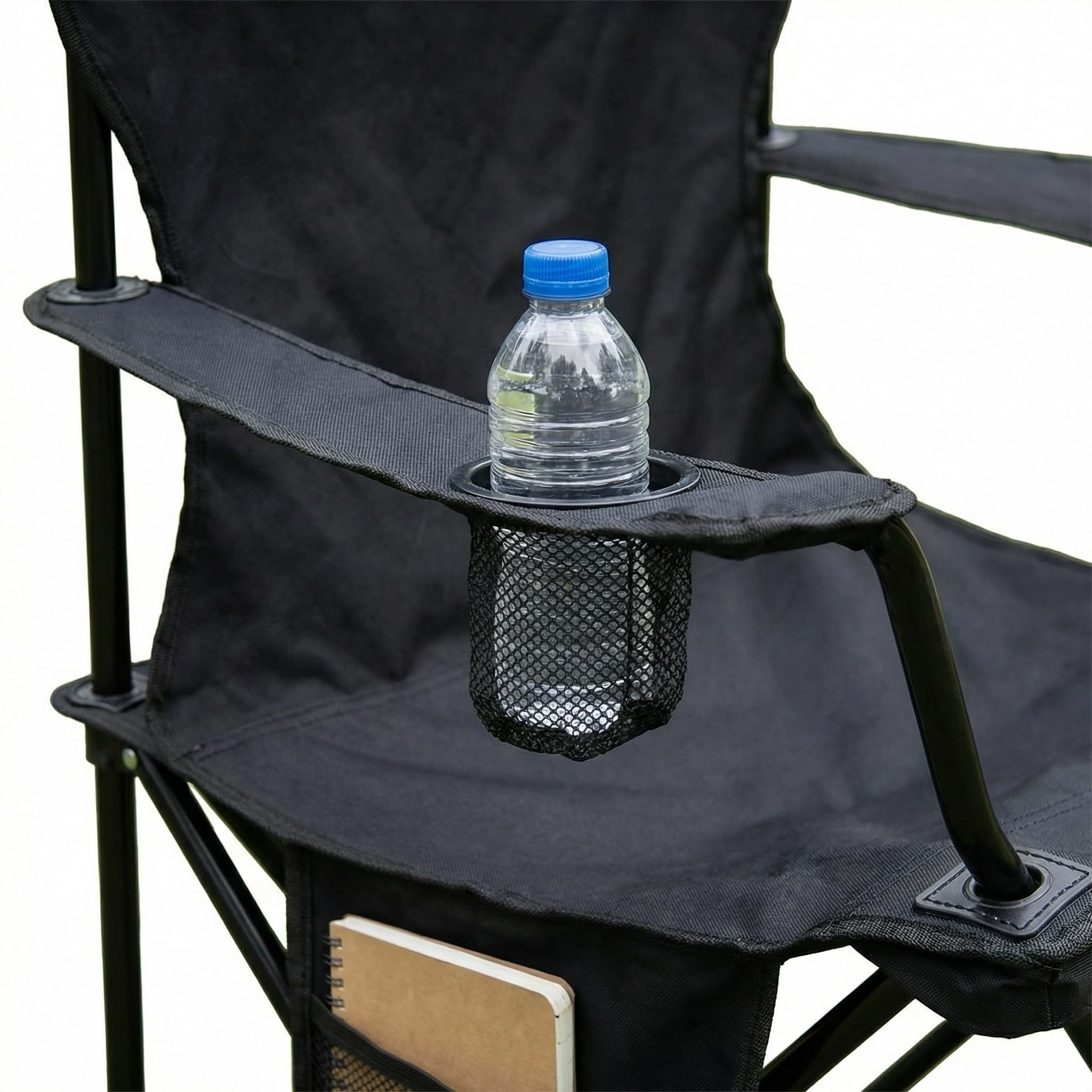 Silla Plegable de Camping con Respaldo y Reposabrazos 48x49x80 cm, Portavasos y Bolsillo, Ultraligera Portátil para Playa, Pesca, Jardín y Excursiones – Incluye Bolsa (Negro, Pack de 2)