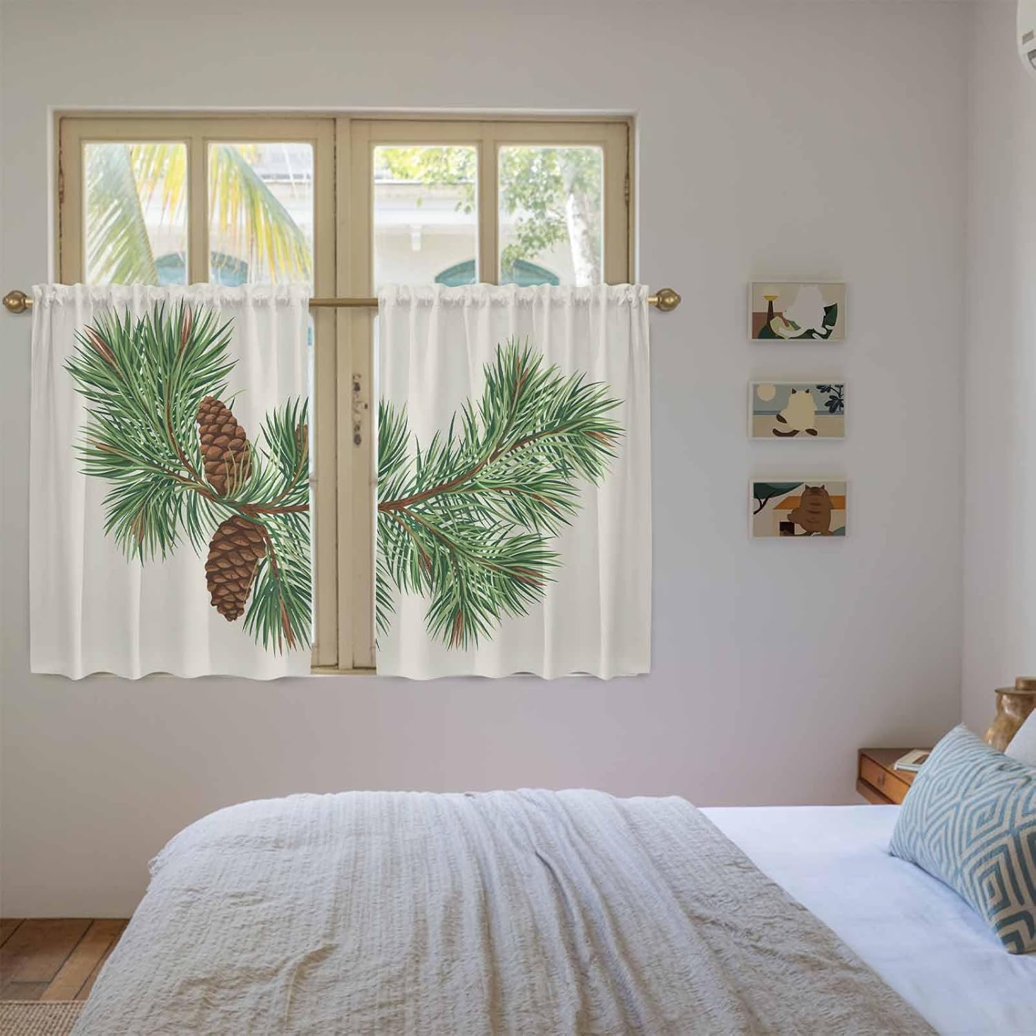 Green Pine Leaves Christmas Kitchen Tier Curtains 45 Inch Long 2 Panel Set,Rod Pocket Short Window Treatment,Xmas Botanical Pine Cones Curtains & Drapes for Bathroom Basement 27.5"W x 45"L