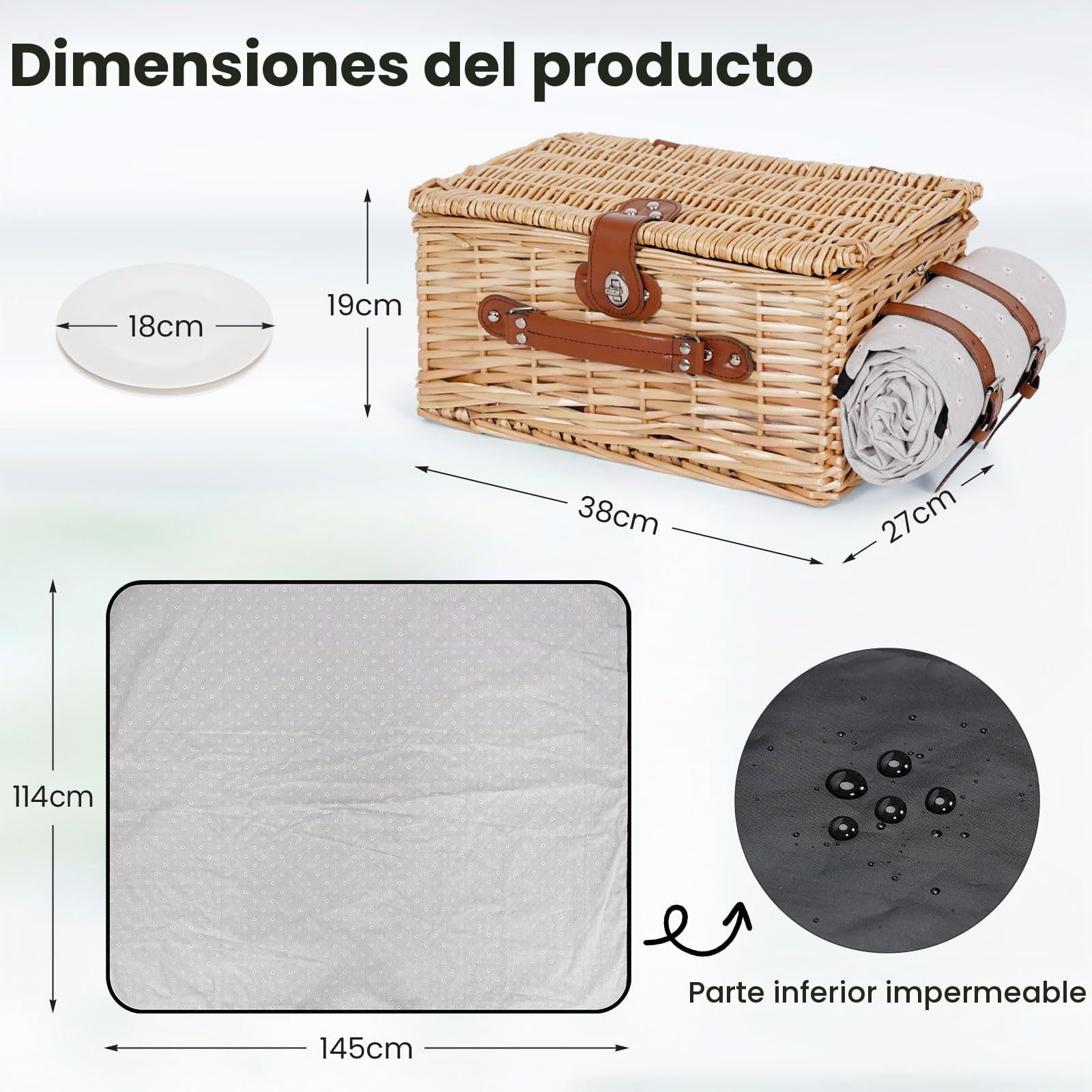 Cesta de picnic para 2 personas – Cesta de mimbre vintage aislada con alfombrilla impermeable y juego de cubiertos para parejas, camping, cumpleaños o San Valentín (flores blancas)