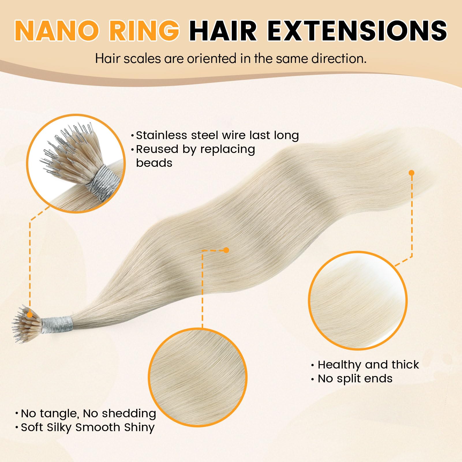 Yuniffe Nano Hair Extensions Real Human Hair Platinum Blonde Nano Ring Hair Extensions Remy Straight Nano Beads Hair Extensions Natural Long Straight 24 Inch 50g/50s - Image 3