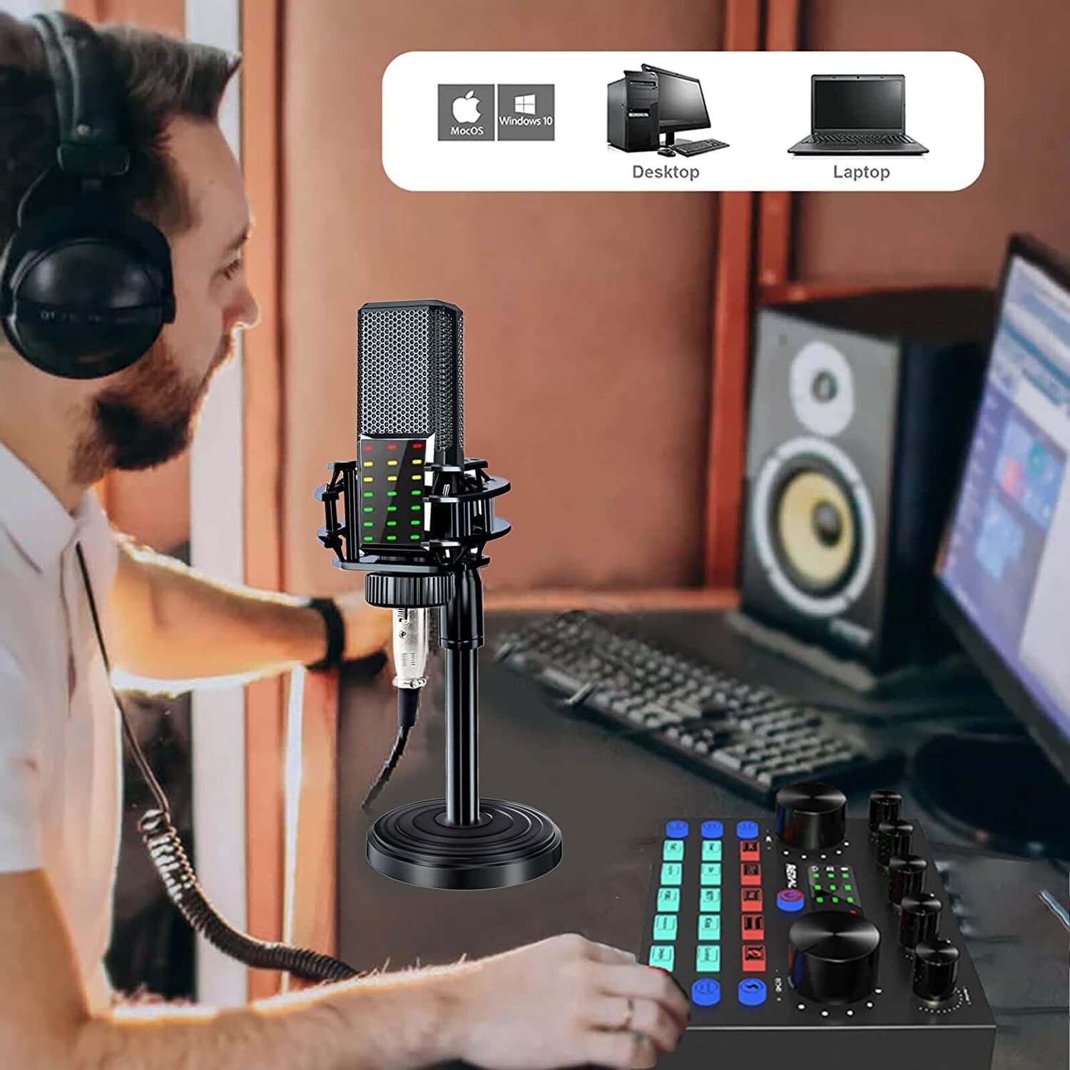 Micro Gaming Carte Son Karaoke Table de Mixage DJ Set, Ensemble d'équipement de Podcast Interface Audio Mixage Micro Pc Cable Usb Bluetooth Streaming Micro Gamer