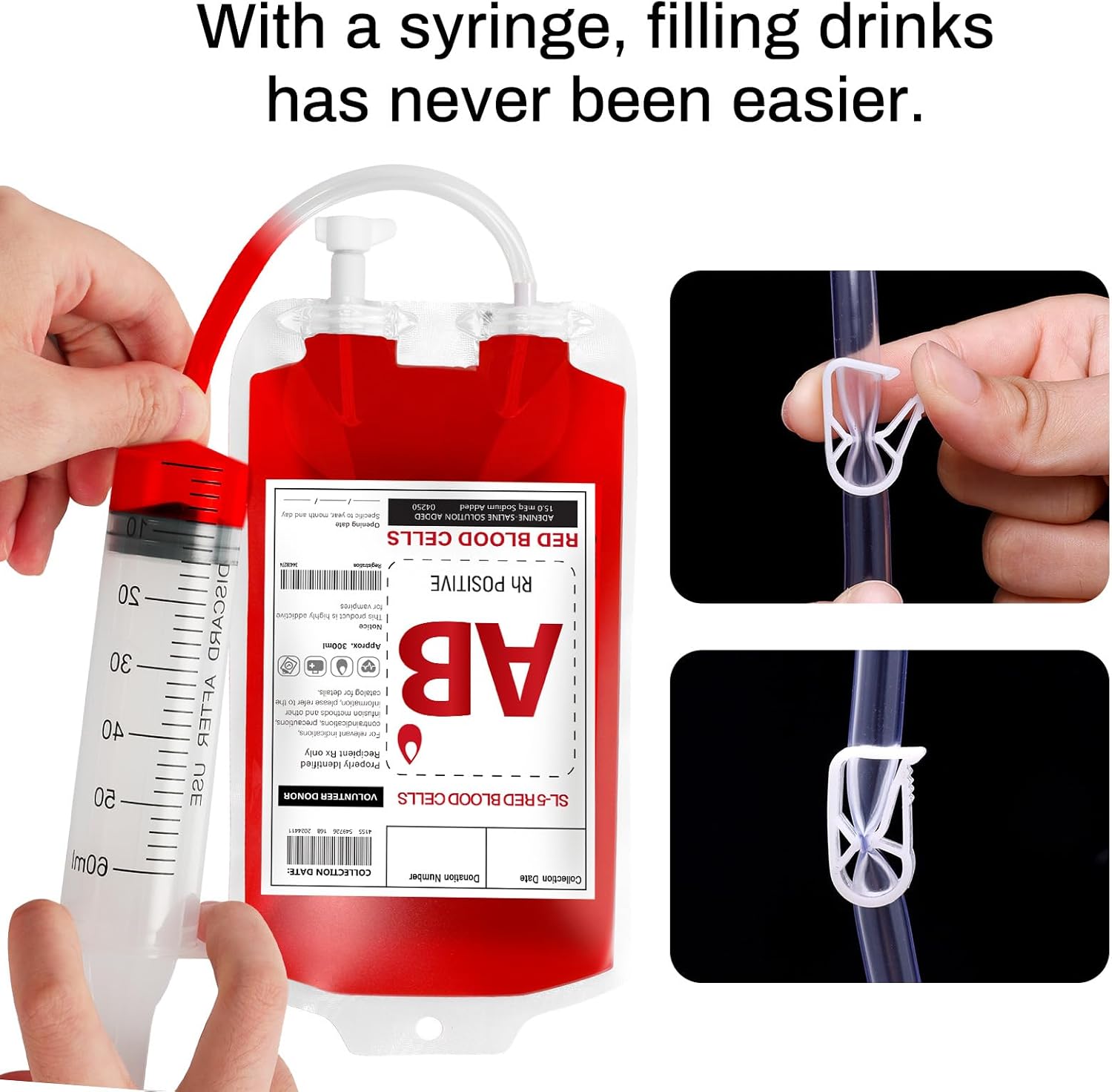 Lansian Halloween Blood IV Bags for Drinks, 60 Packs Reusable Container Drinks Juice Pouches Props for Halloween Vampire Zombie Theme Party Decoration Supplies with Syringe(60 bags,3 syringes)