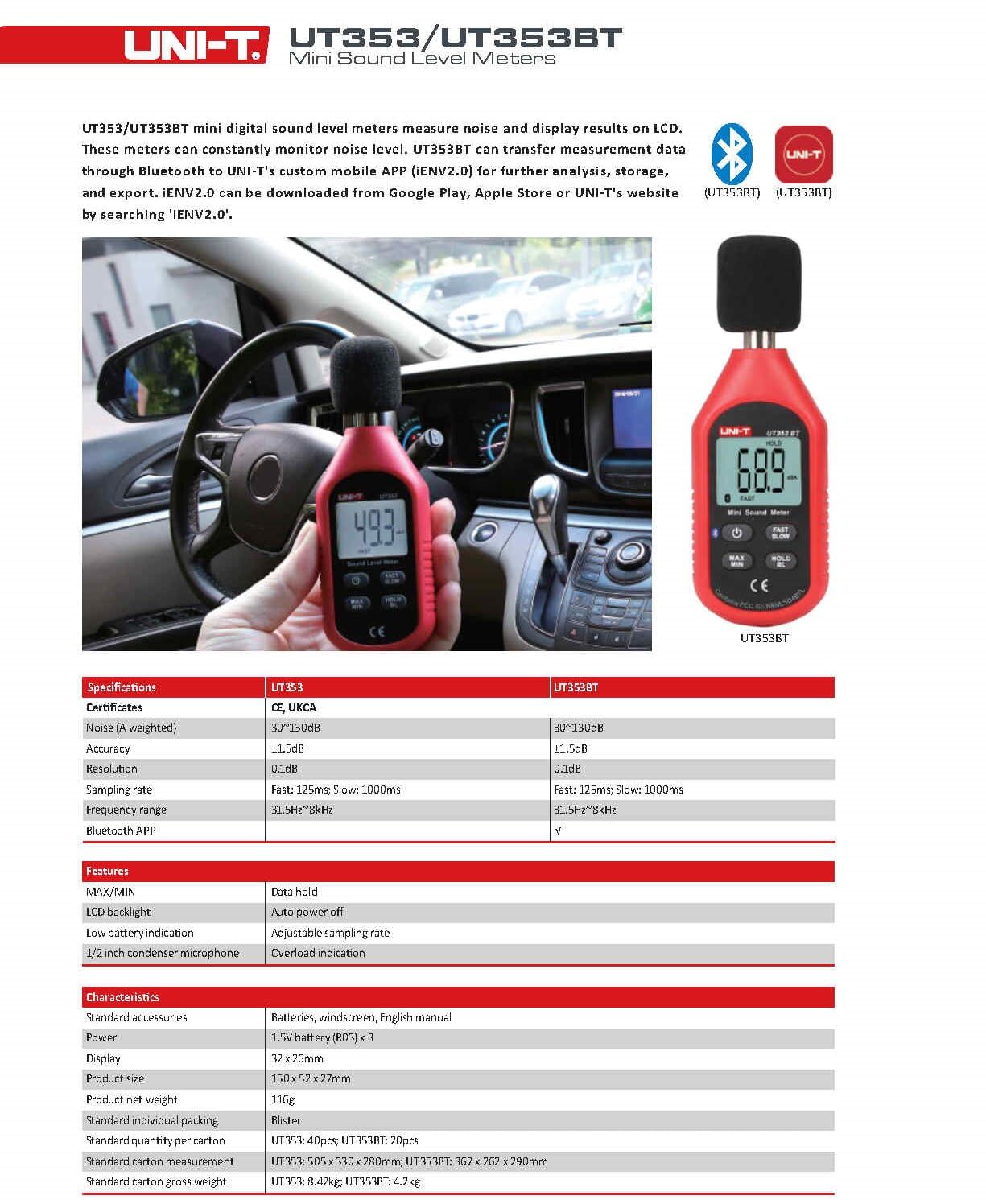 UNI-T Hygrometer UT353 UT353BT Sound Level Bluetooth Meter Digital Noise Measuring Tester 30-130dB Professional Decibel Monitor dB Detector(UT353)